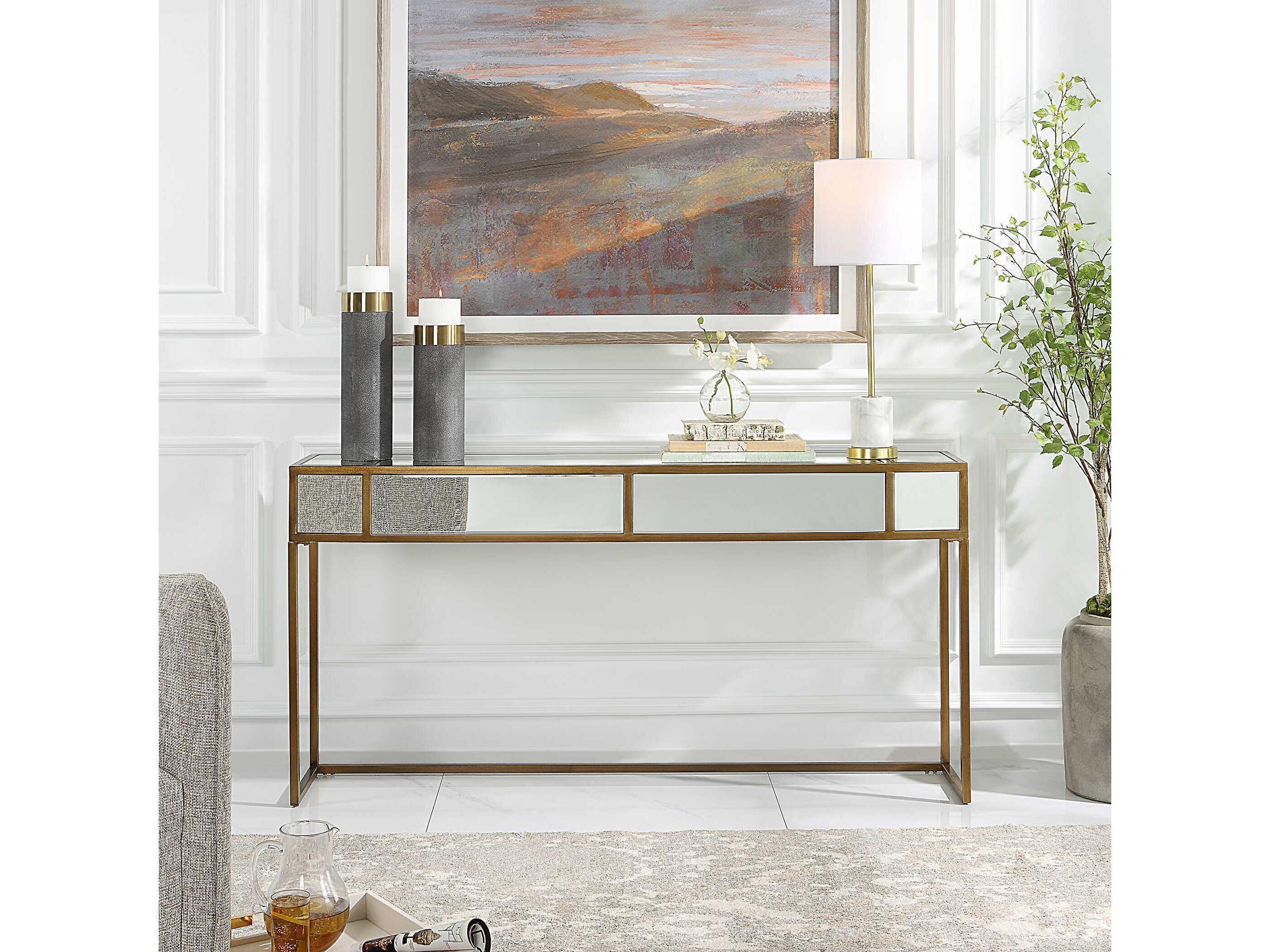 Uttermost Reflected Mirrored Rectangular Glass Aged Gold Console Table