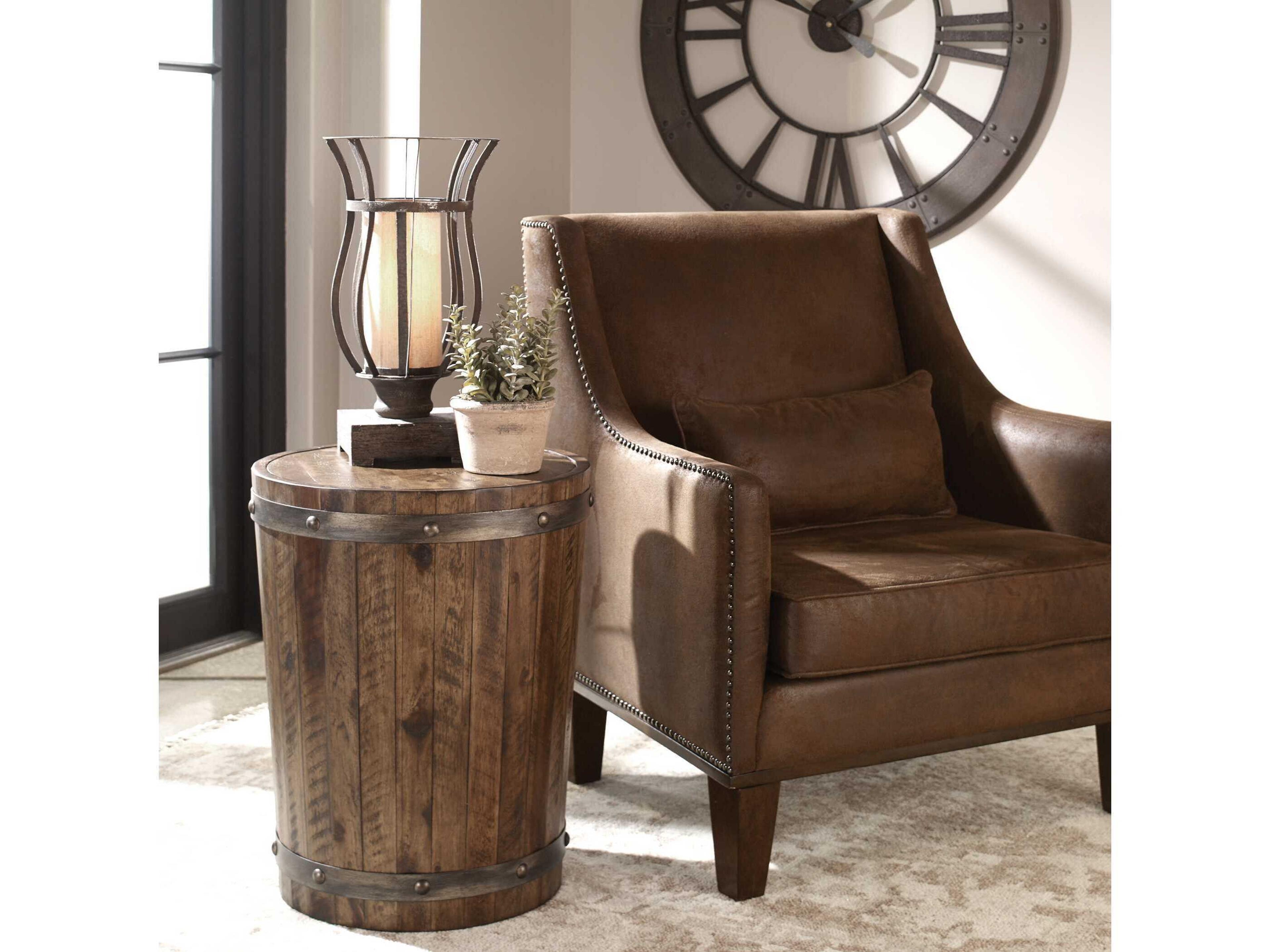 Uttermost Ceylon Round Wood Weathered Walnut Stain End Table