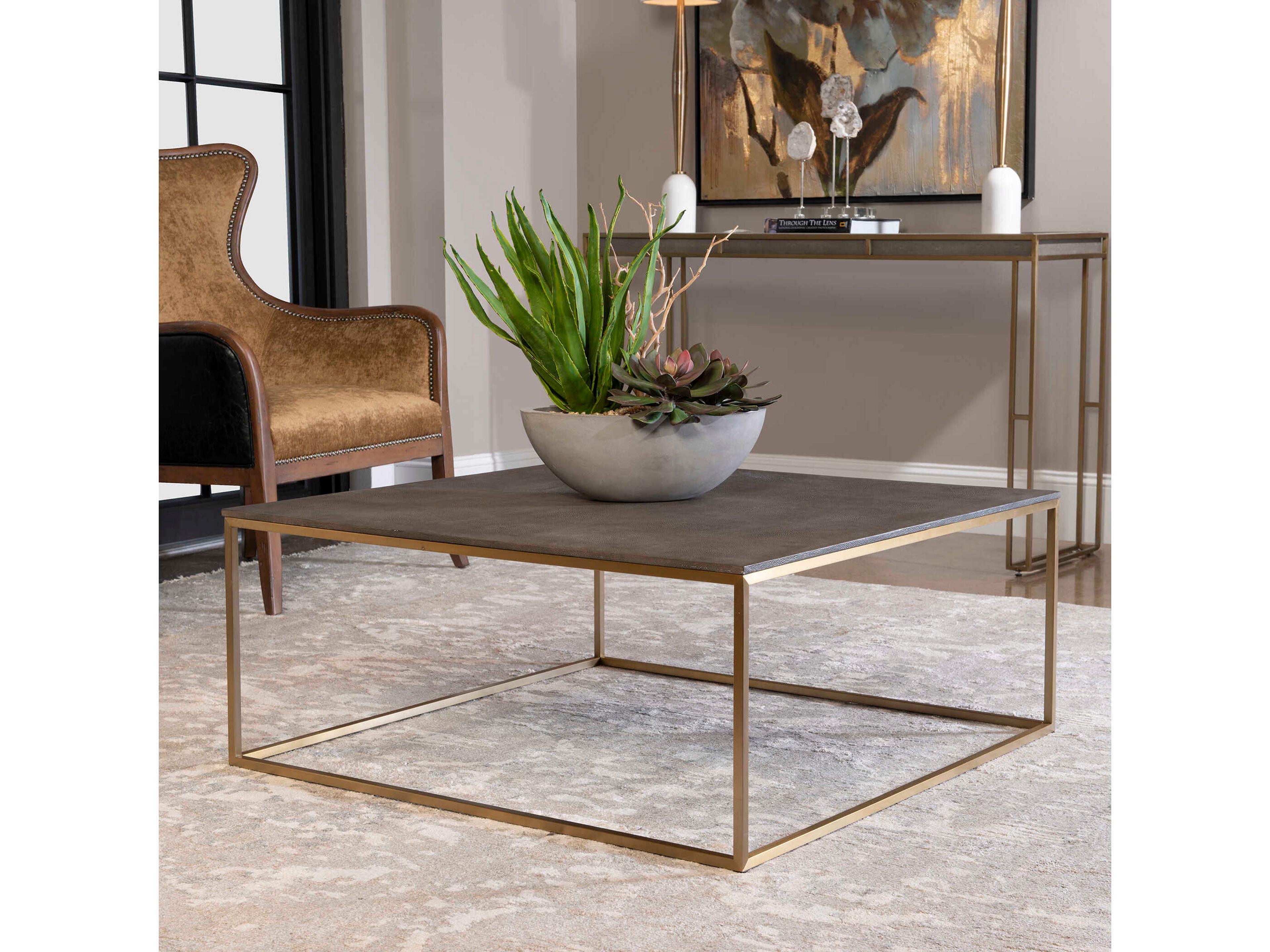 Uttermost Trebon Square Faux Leather Charcoal Gray Brushed Brass Coffee Table
