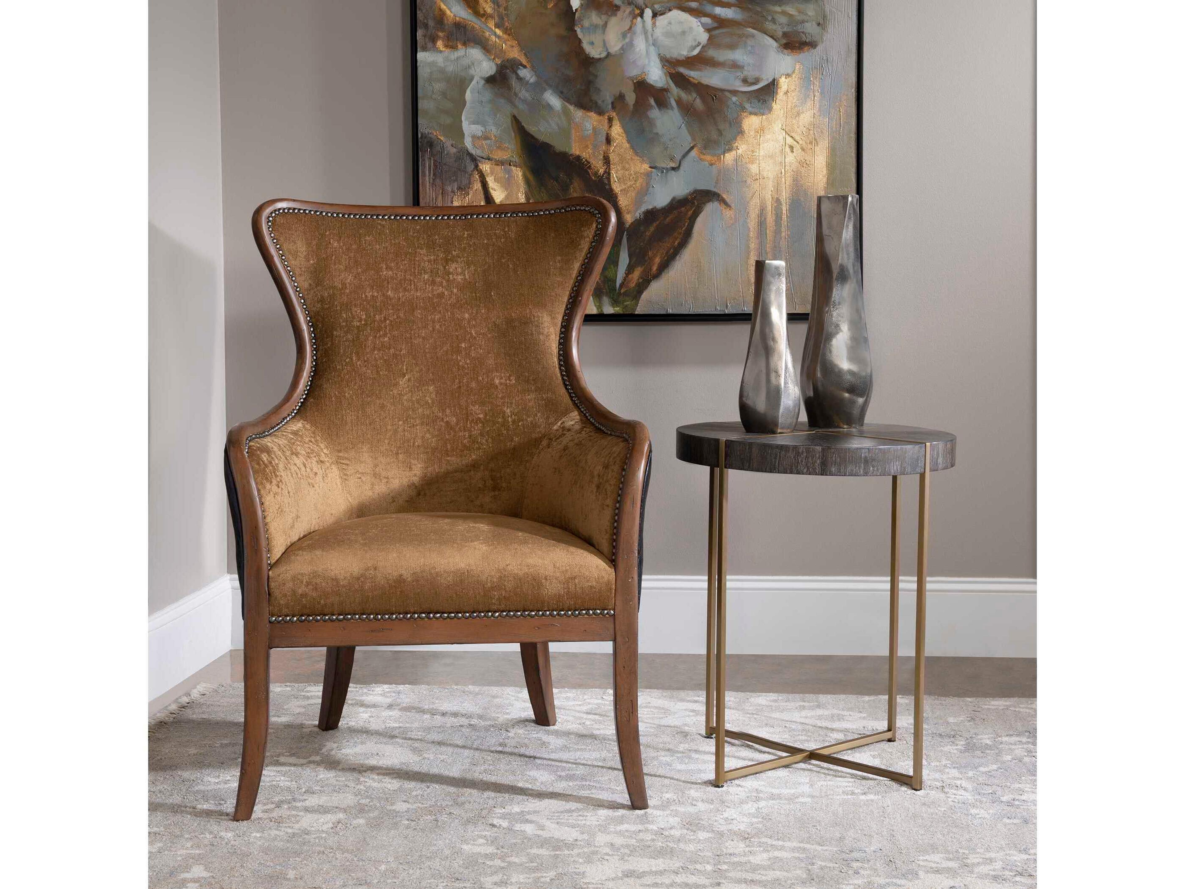 Taja Round Wood Light Gray Brushed Brass End Table