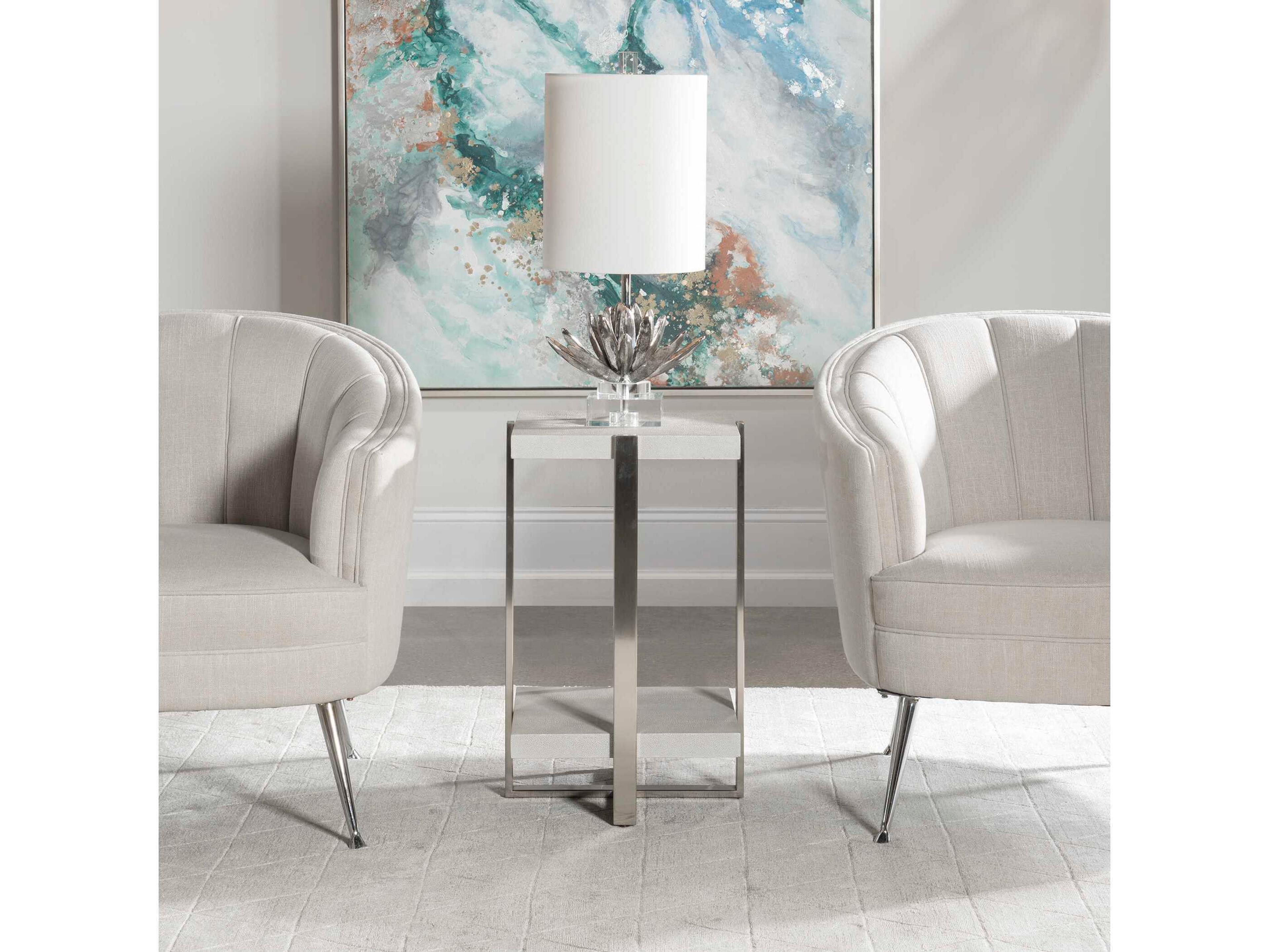 Uttermost Arnaut Square Faux Leather Milk White Light Gray Brushed Silver End Table