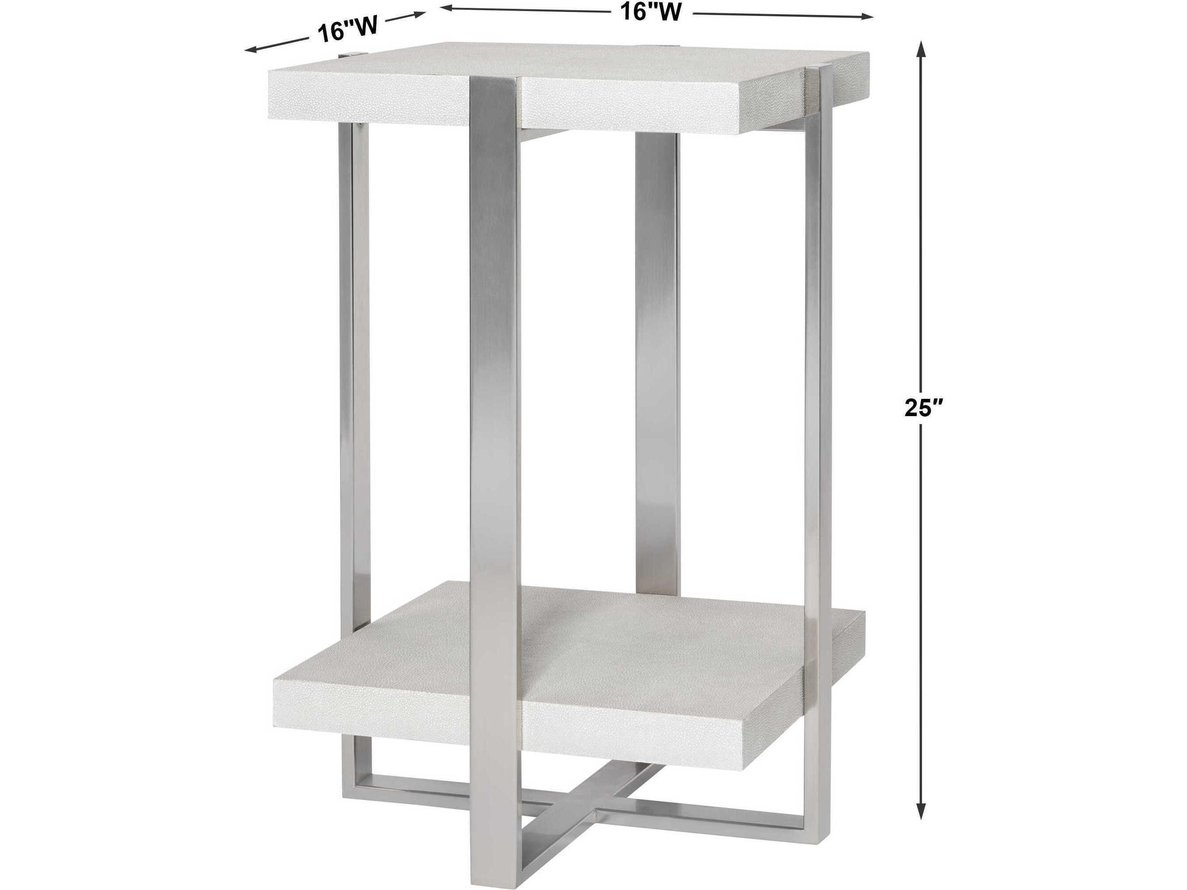Uttermost Arnaut Square Faux Leather Milk White Light Gray Brushed Silver End Table