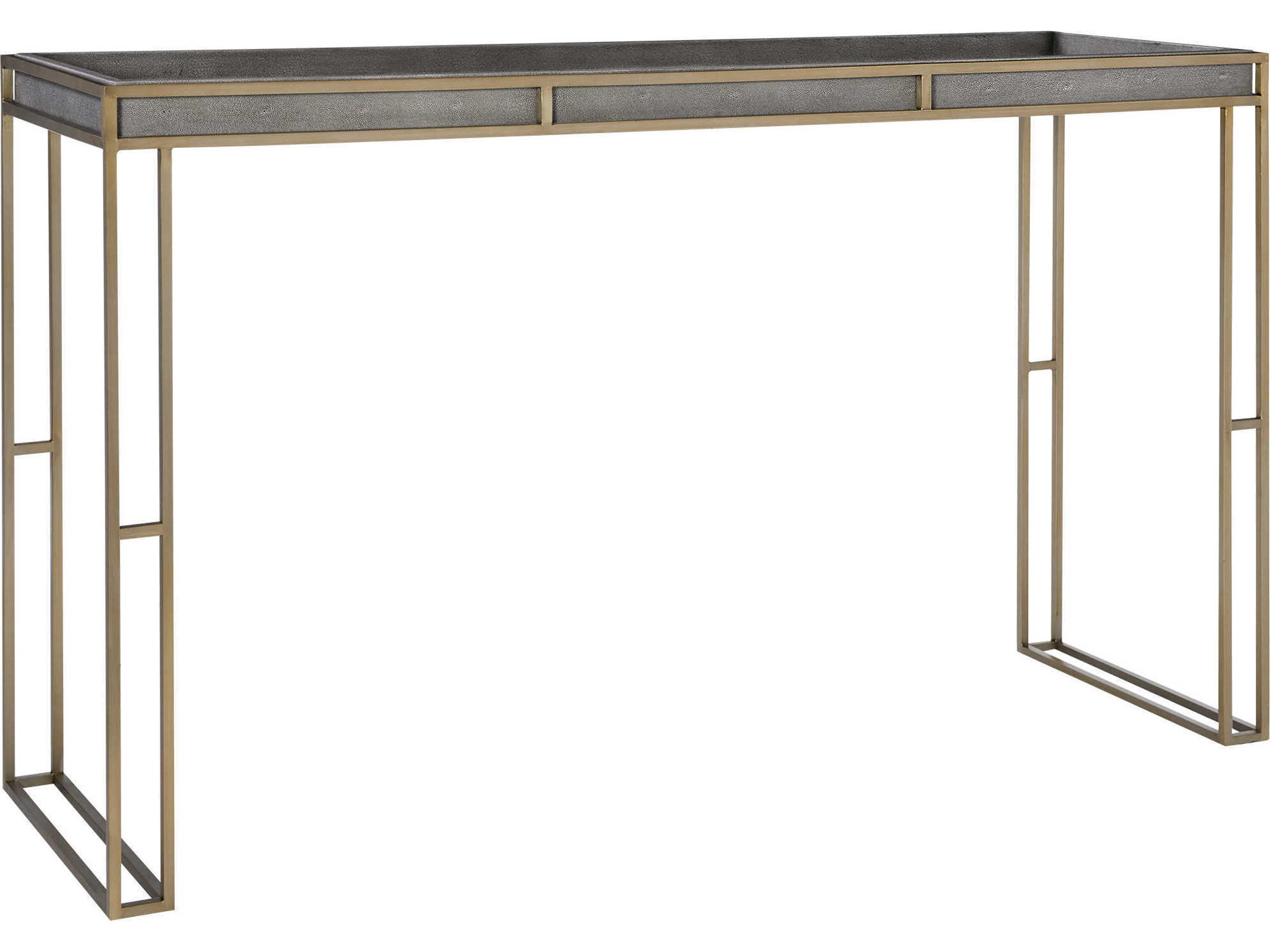 Uttermost Cardew Modern Rectangular Faux Leather Charcoal Gray Brushed Brass Console Table