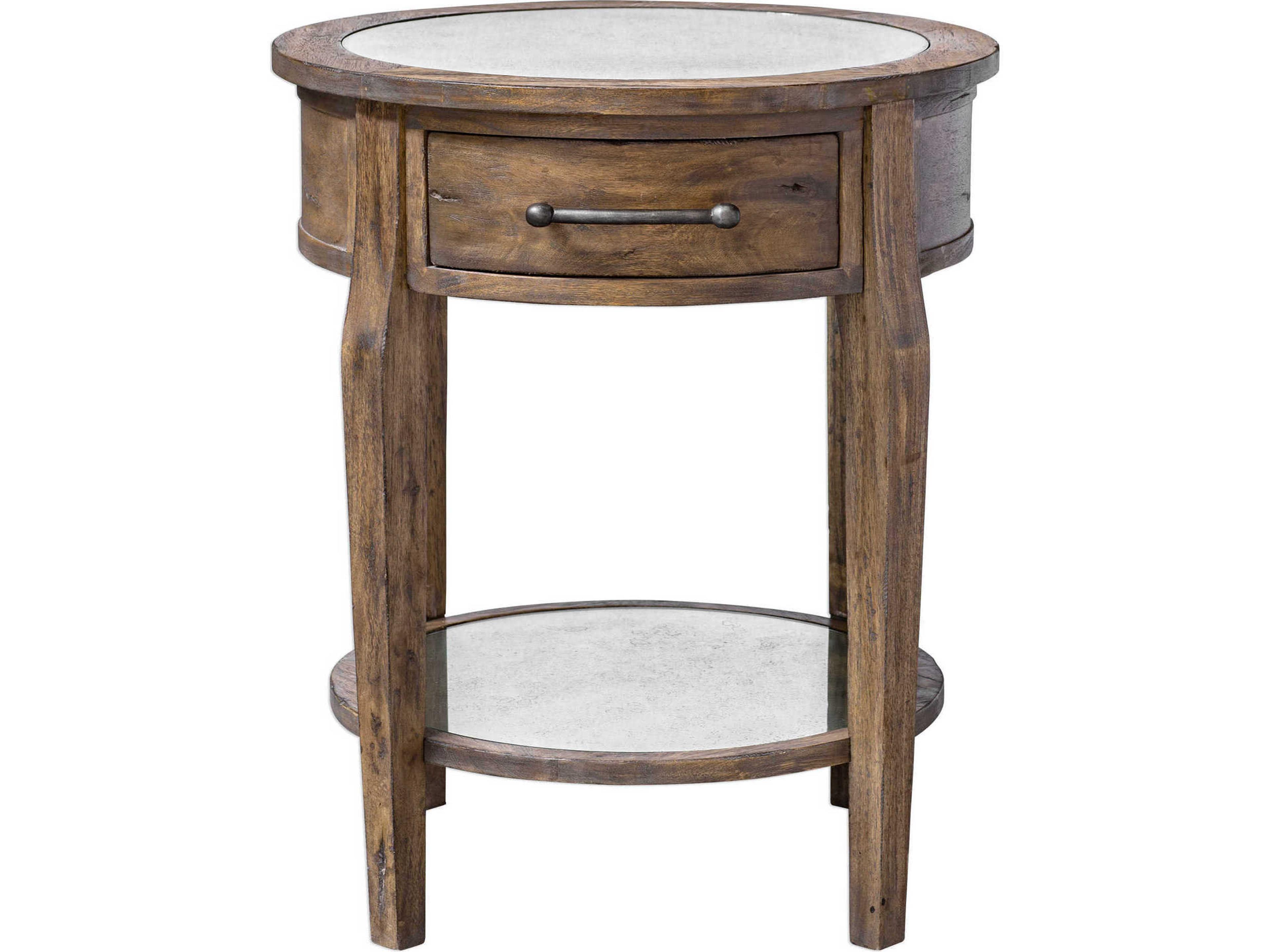 Raelynn Round Mirror Weathered Pecan Gray Wash End Table