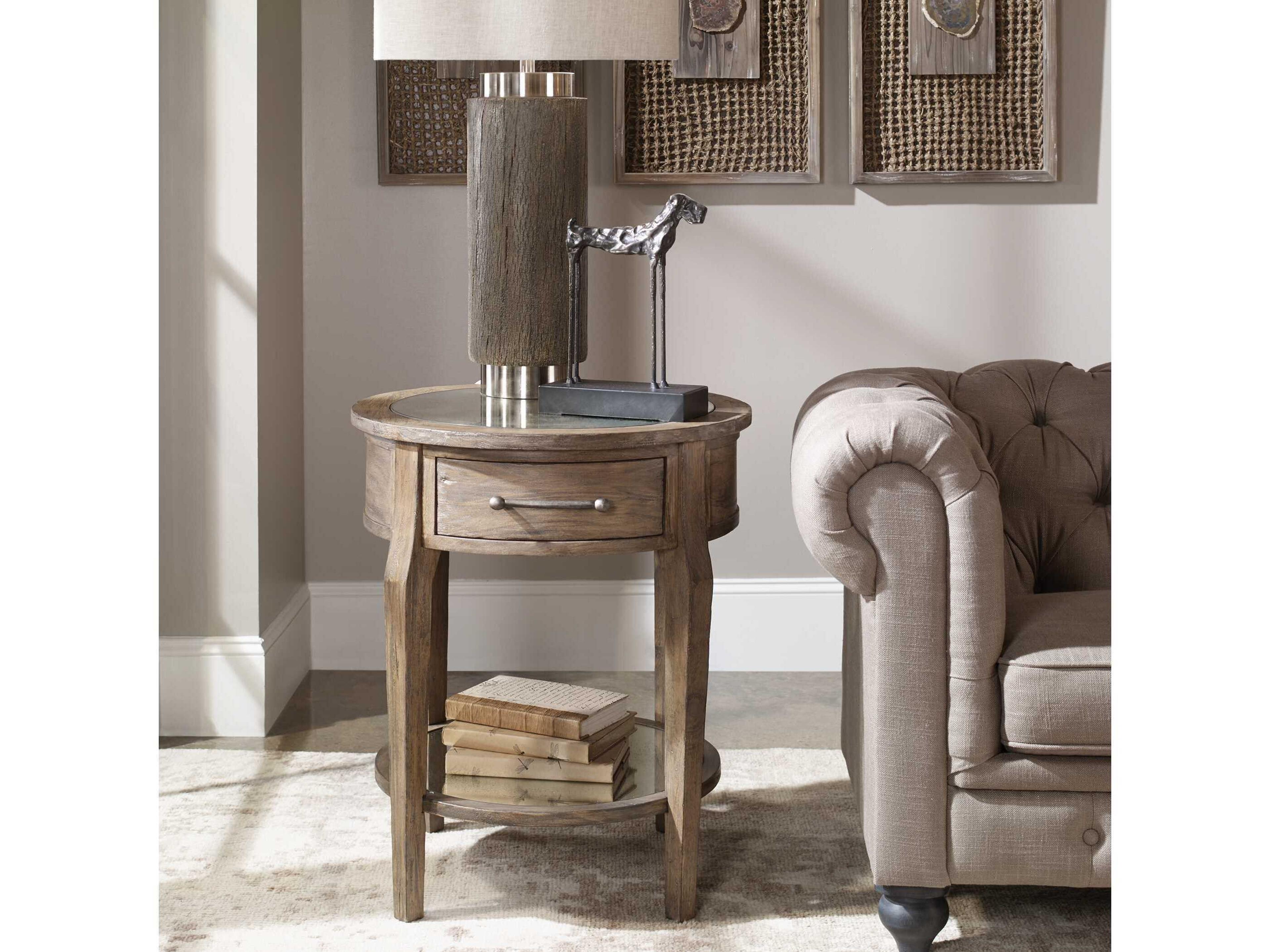 Uttermost Raelynn Round Mirror Weathered Pecan Gray Wash End Table