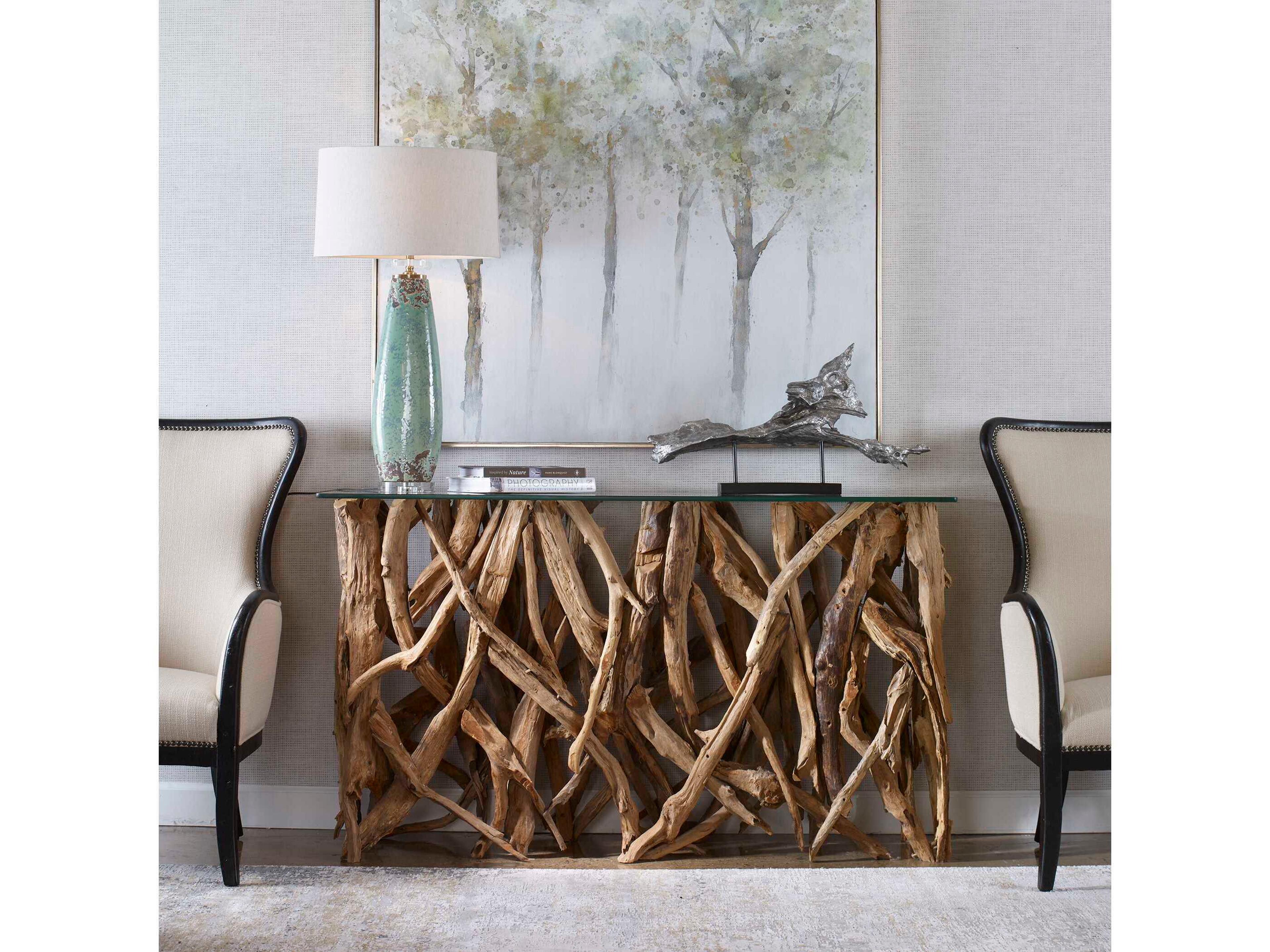 Uttermost Teak Wood Rectangular Glass Natural Console Table