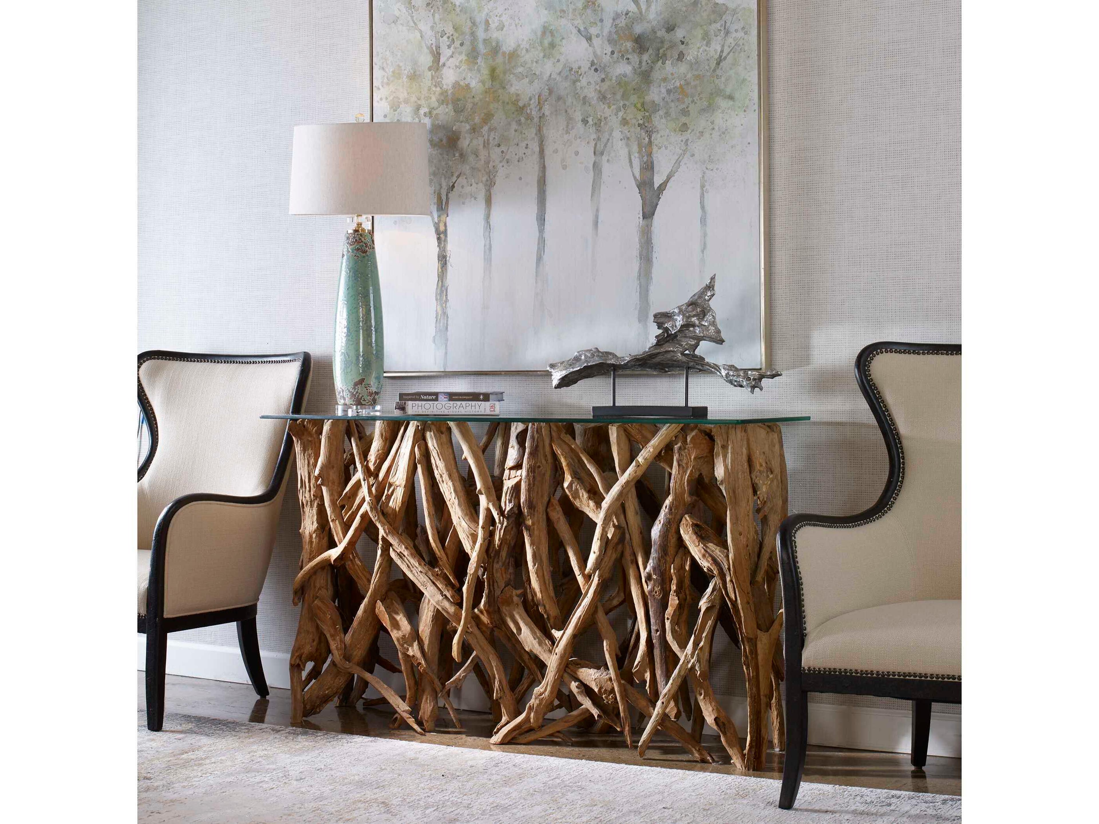 Uttermost Teak Wood Rectangular Glass Natural Console Table