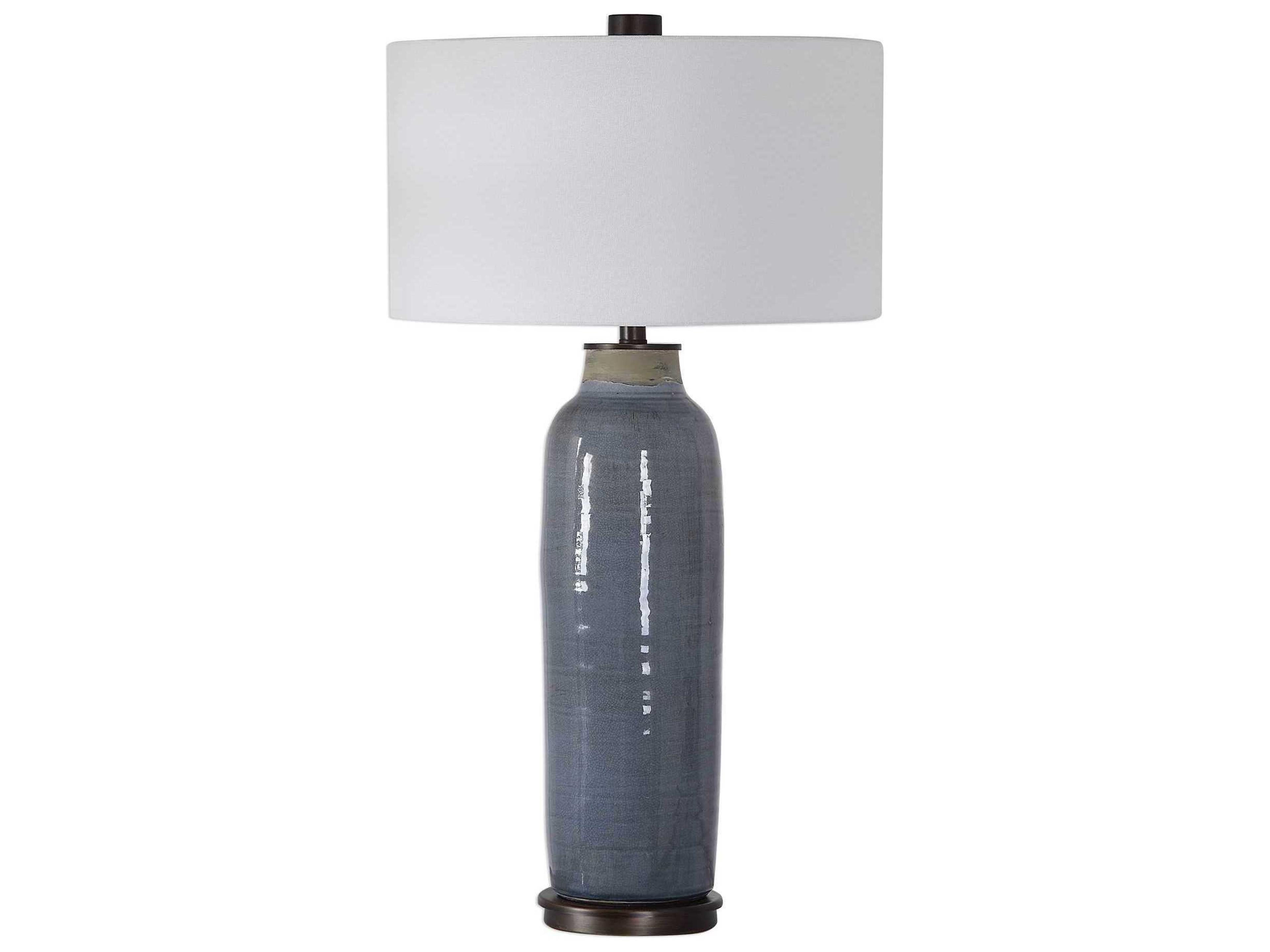 Uttermost Vicente Slate Blue Glaze Round Hardback Drum Bronze Buffet Lamp