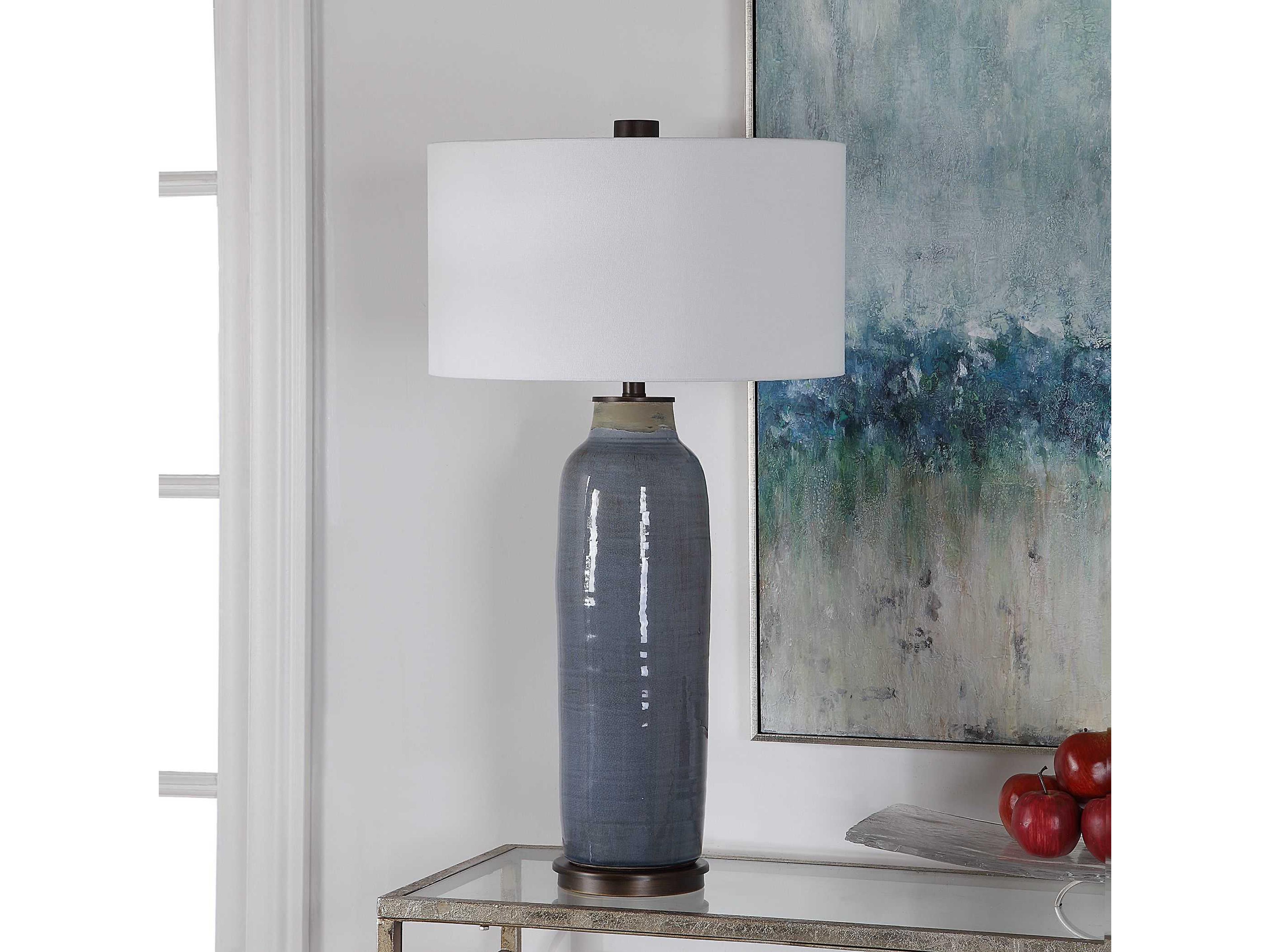 Uttermost Vicente Slate Blue Glaze Round Hardback Drum Bronze Buffet Lamp