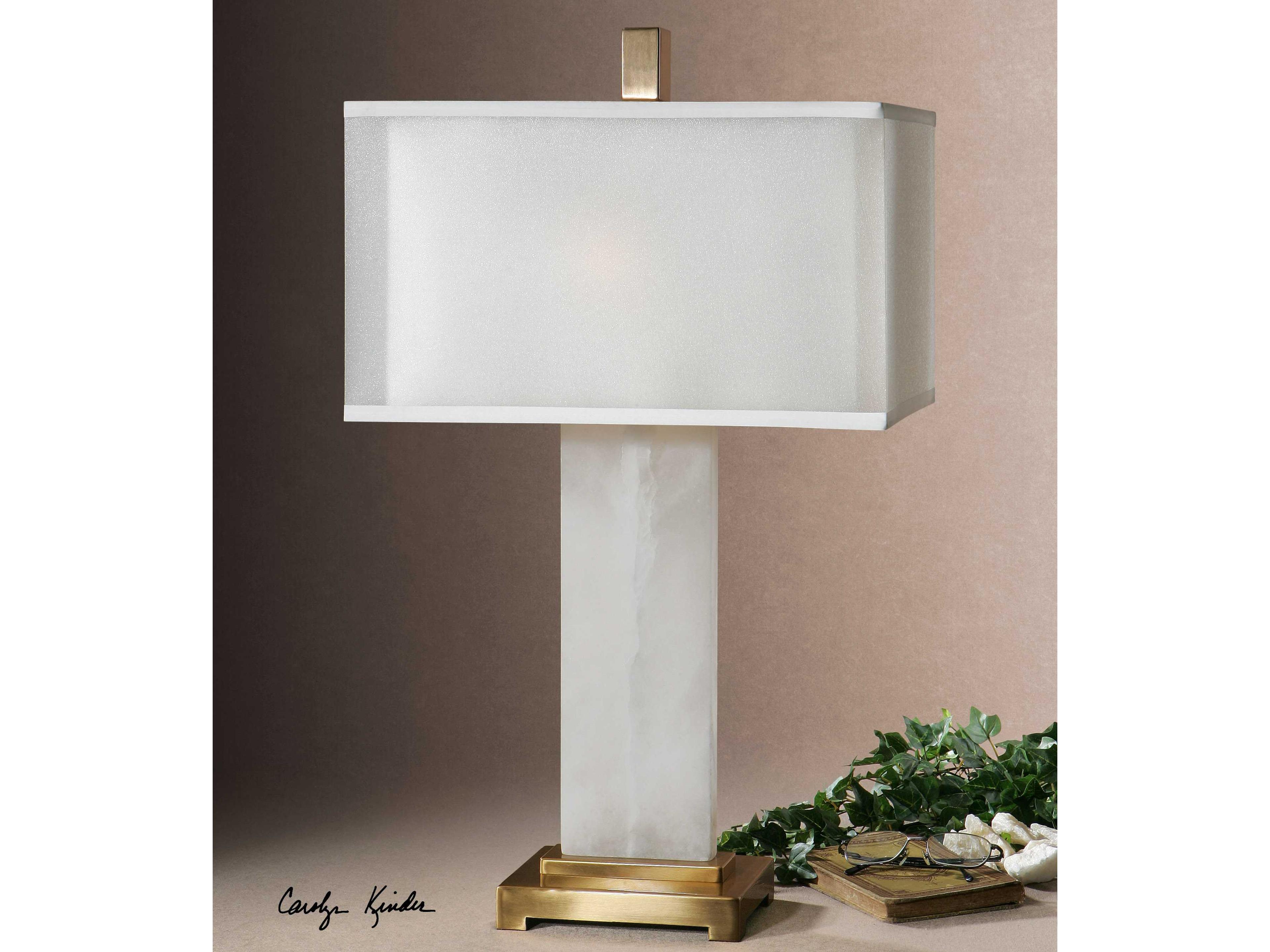Uttermost Athanas White Alabaster Coffee Bronze Double Hardback Rectangle Box Table Lamp