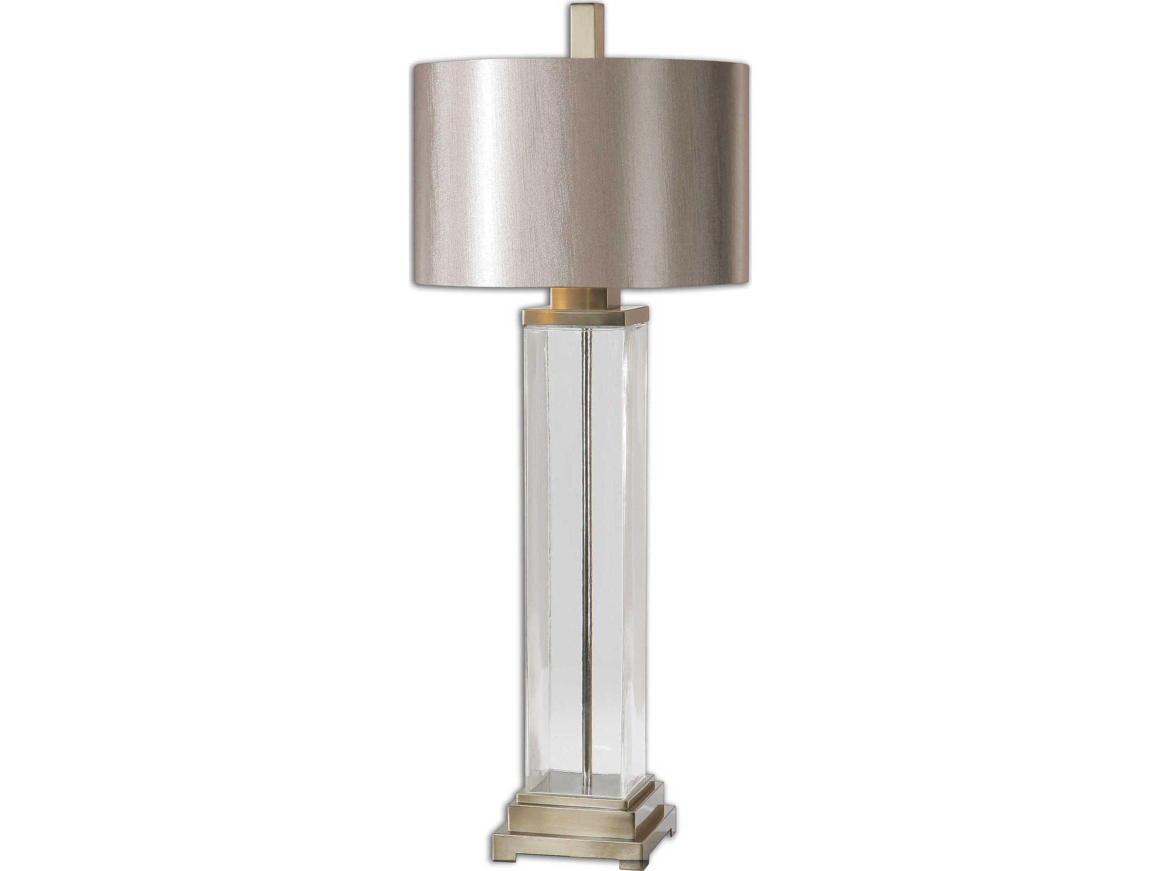 Drustan Clear Brushed Champagne Round Hardback Drum Nickel Glass Table Lamp