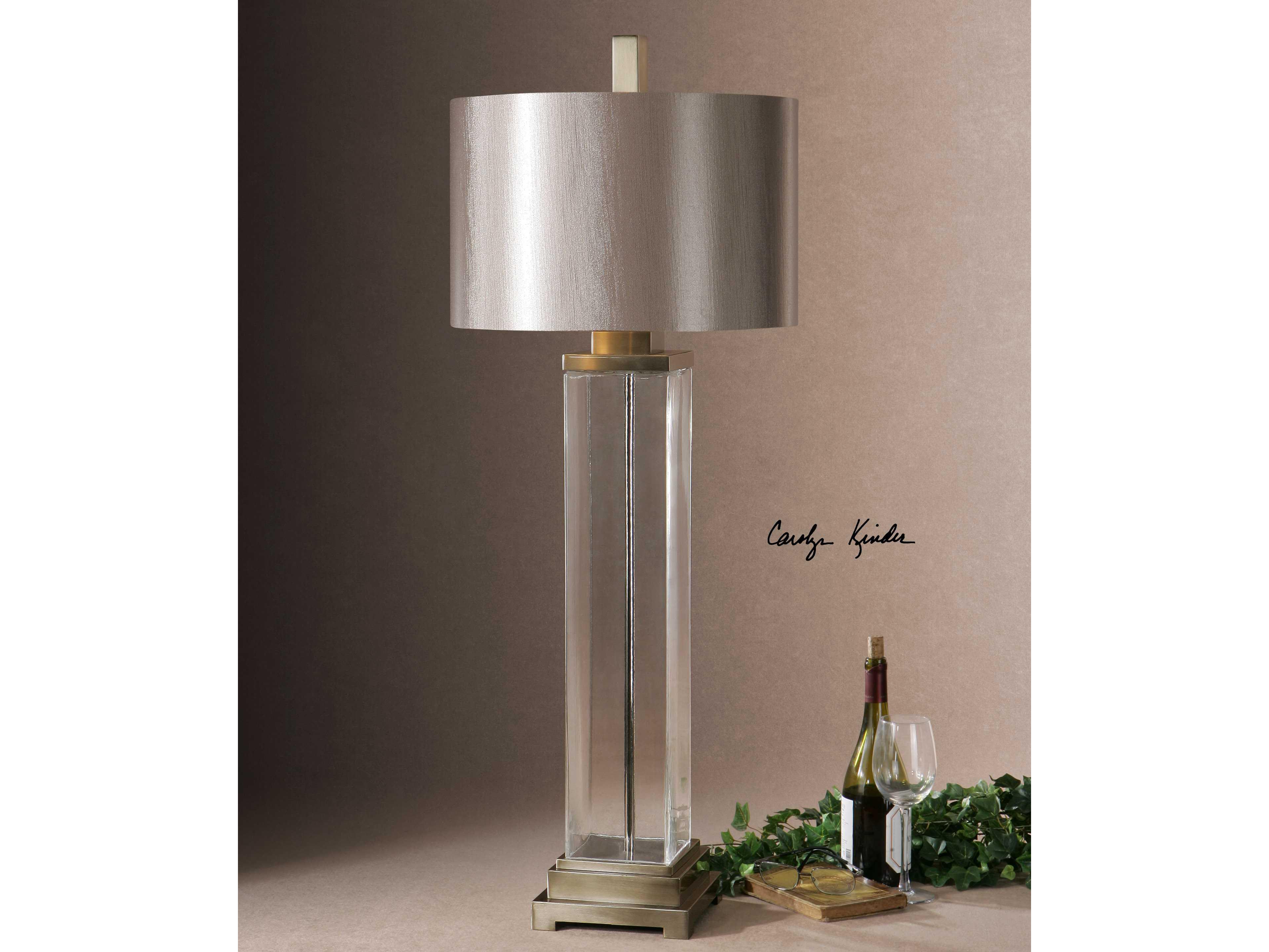 Uttermost Drustan Clear Brushed Champagne Round Hardback Drum Nickel Glass Table Lamp