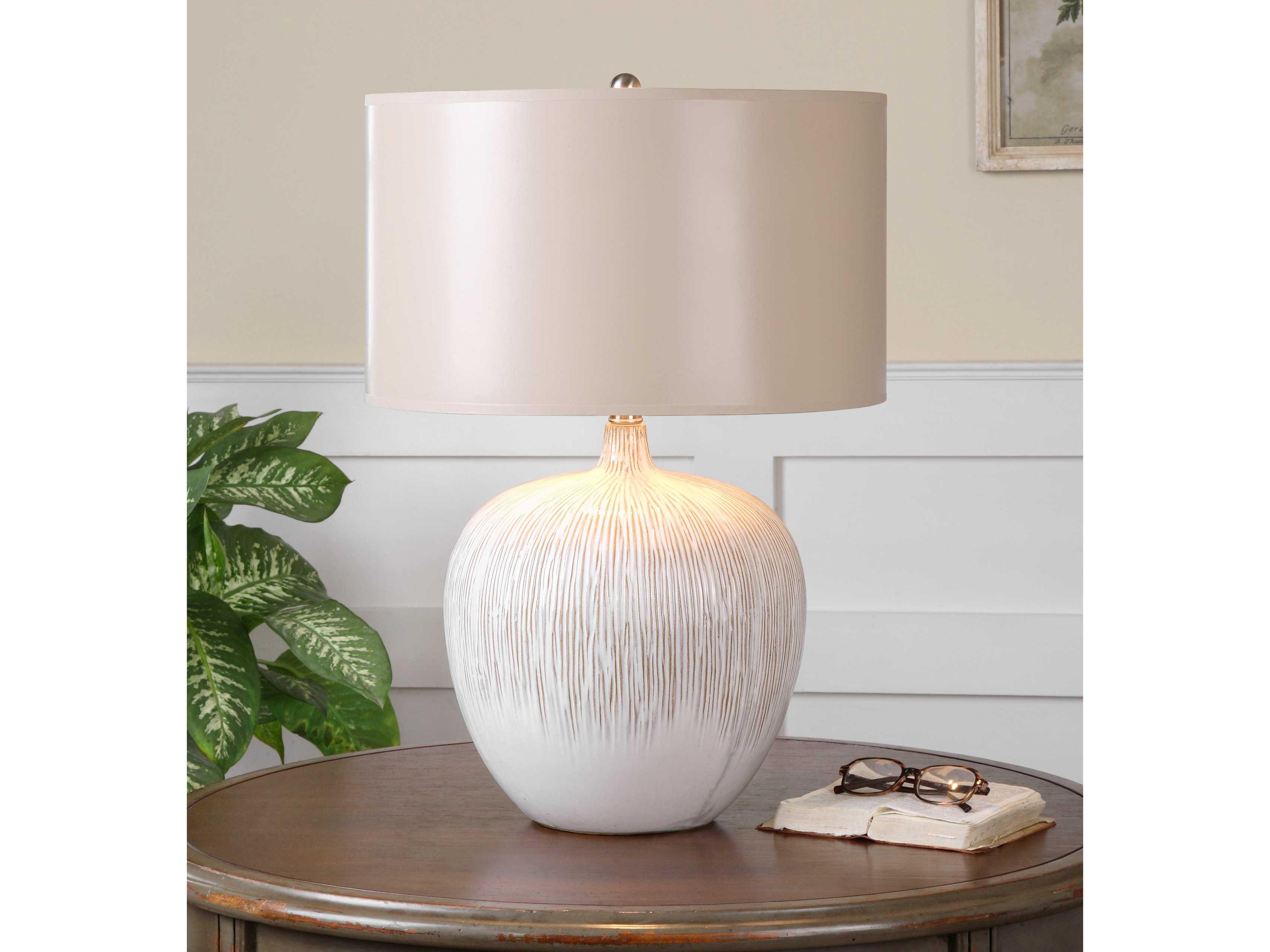 Uttermost Georgios Distressed Aged Ivory Round Drum Paper Hardback Hand Painted Bronze Table Lamp