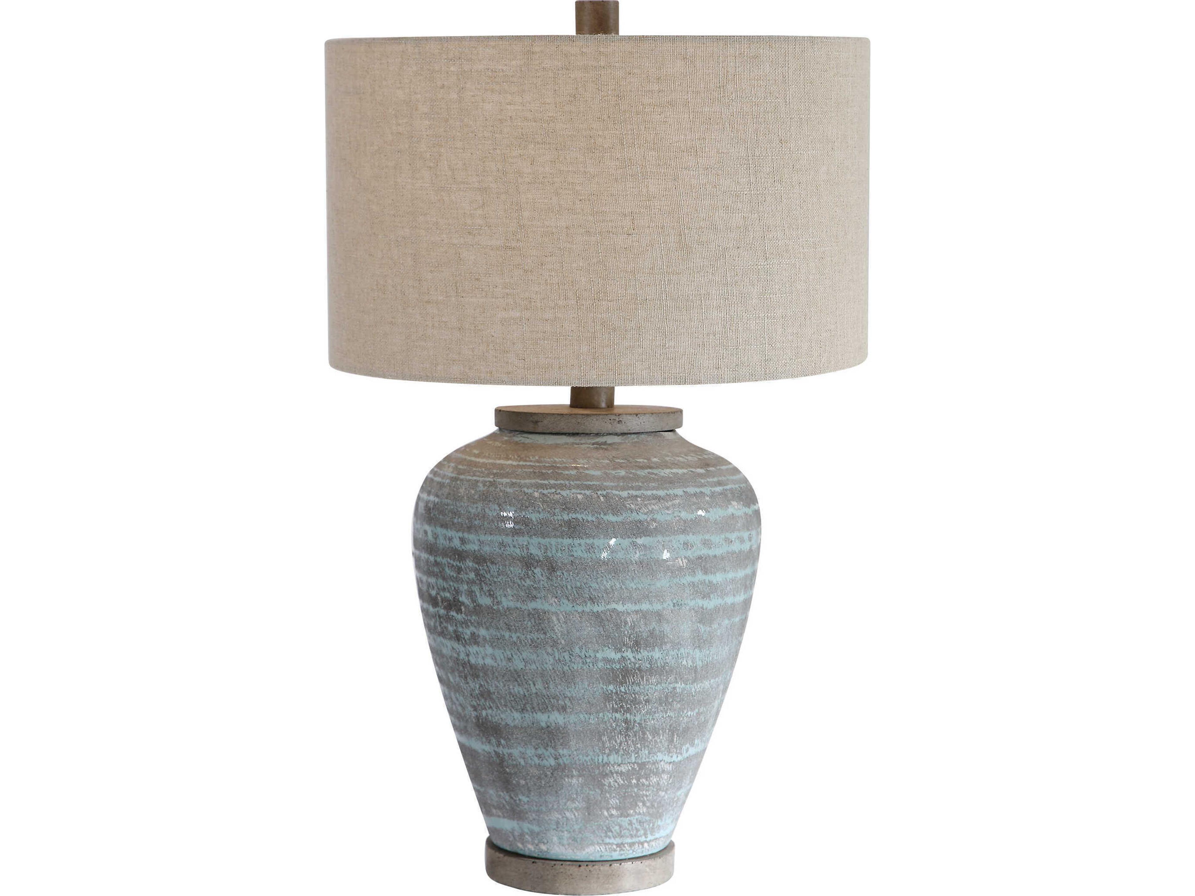 Pelia Light Aqua Blue Gray Round Drum Hardback Buffet Lamp