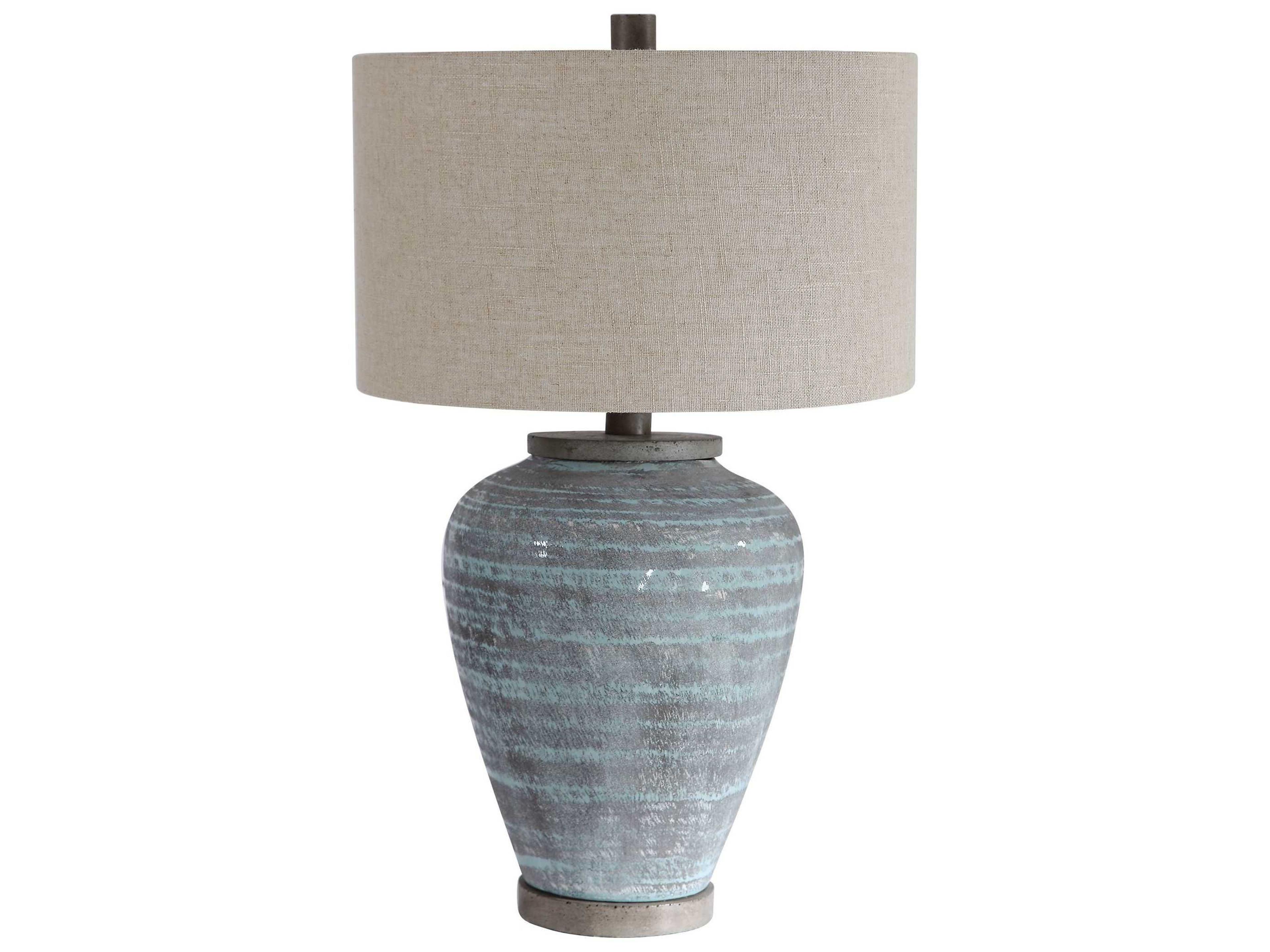 Uttermost Pelia Light Aqua Blue Gray Round Drum Hardback Buffet Lamp