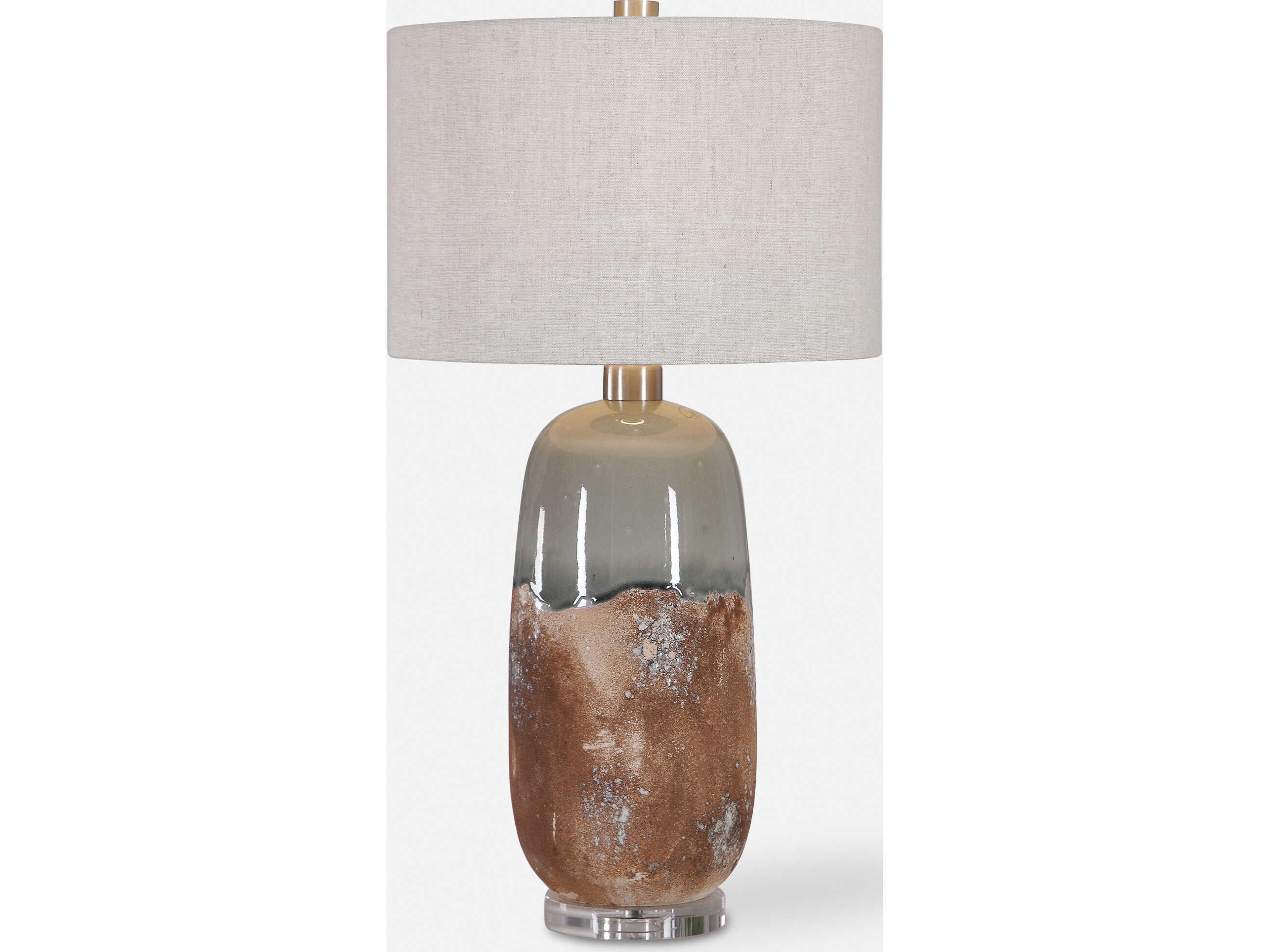 Uttermost Maggie Crystal Terracotta Rust Green Gray Round Drum Hardback Shade Brown Buffet Lamp