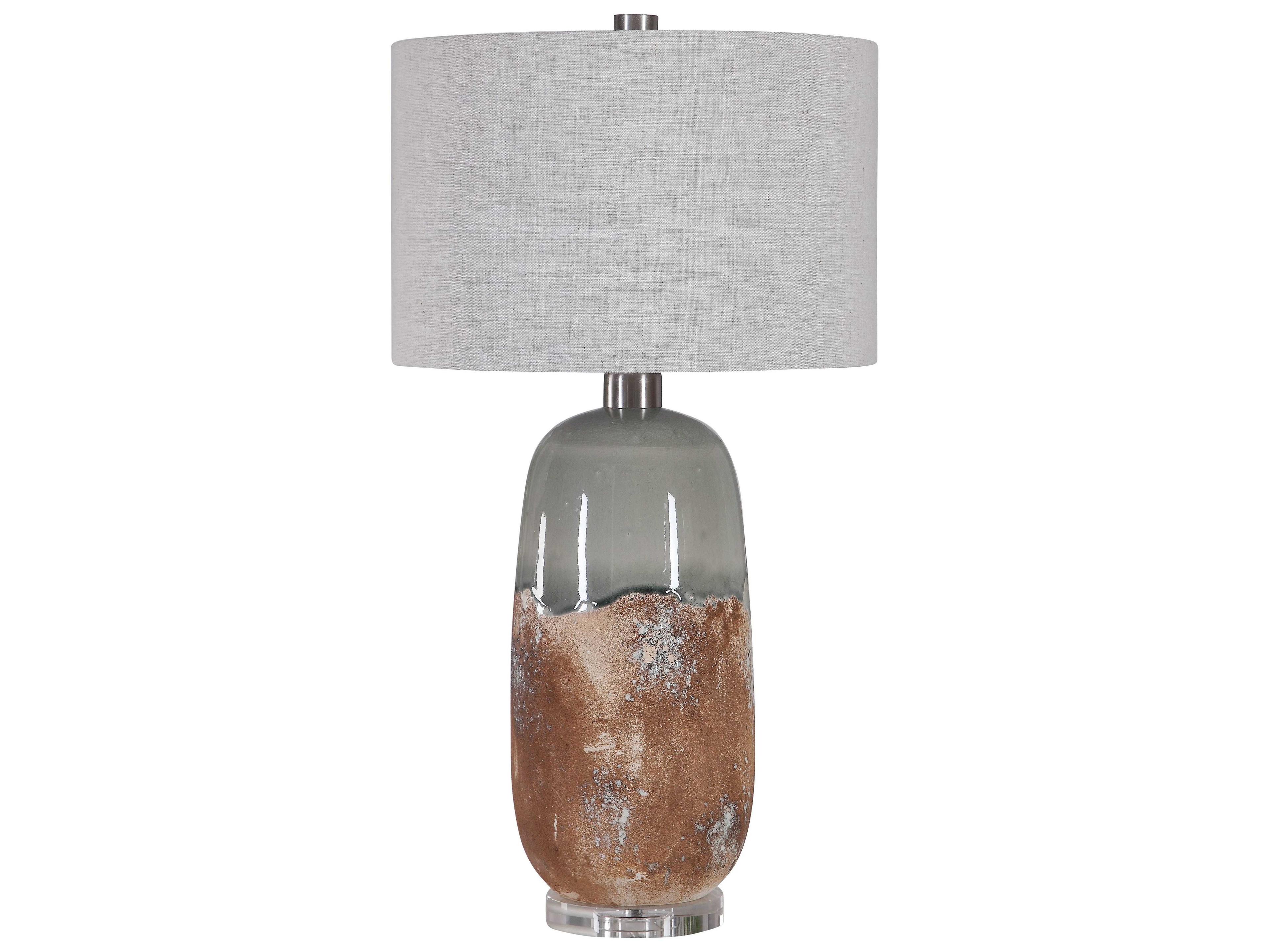 Uttermost Maggie Crystal Terracotta Rust Green Gray Round Drum Hardback Shade Brown Buffet Lamp