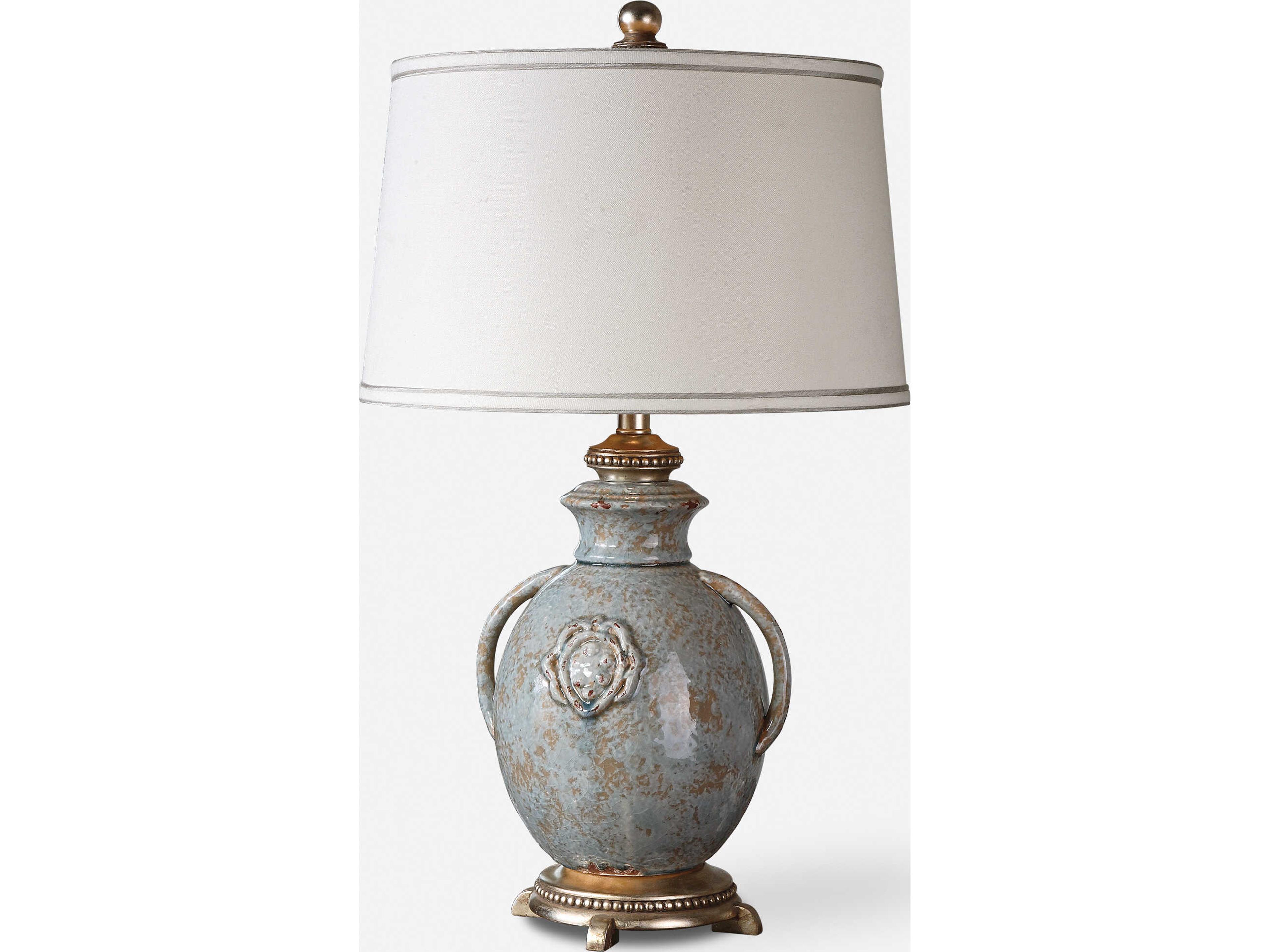Cancello Distressed Light Blue Glaze Round Brass Table Lamp
