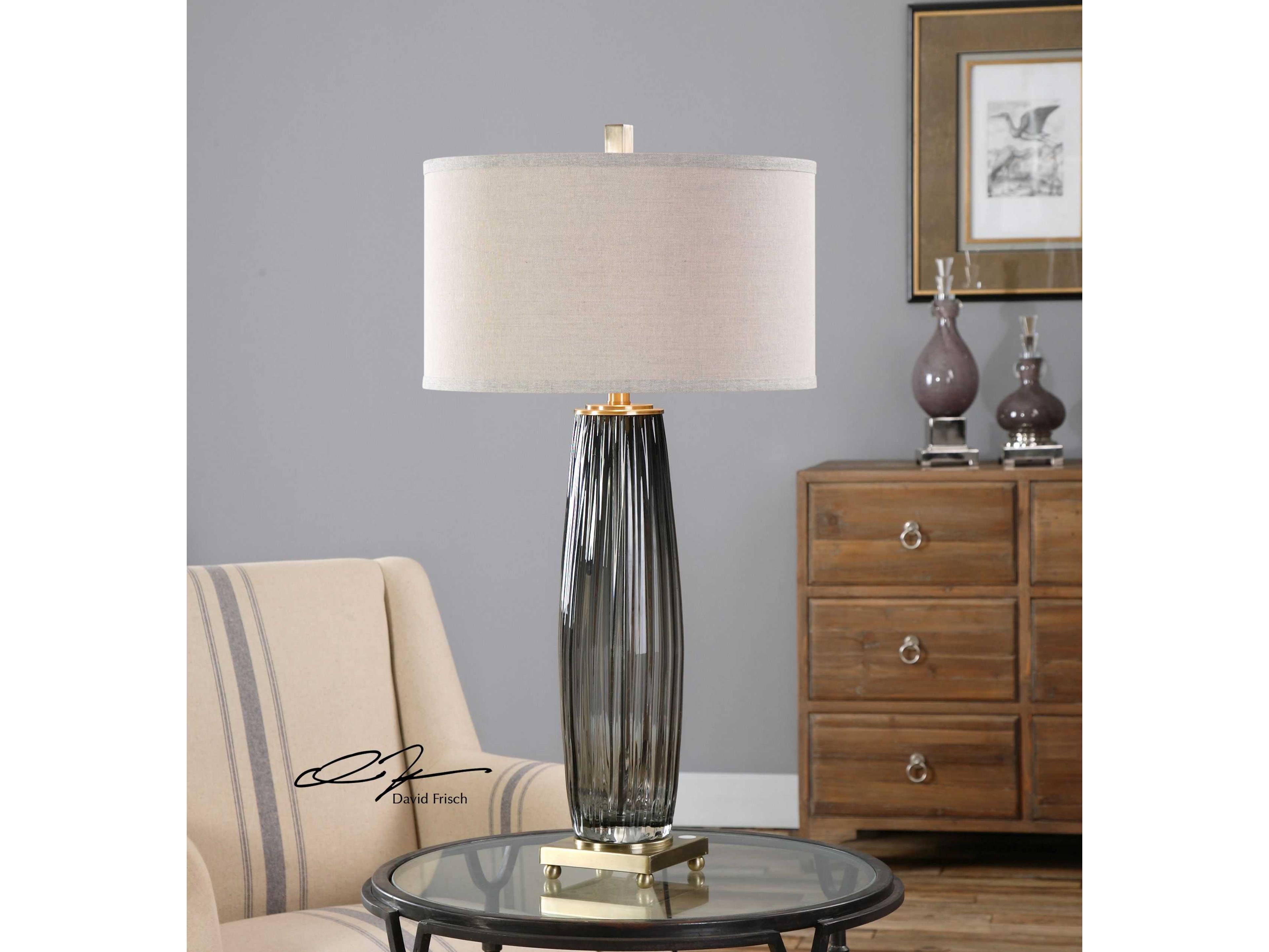Uttermost Vilminore Charcoal Gray Round Hardback Drum Brass Glass Table Lamp