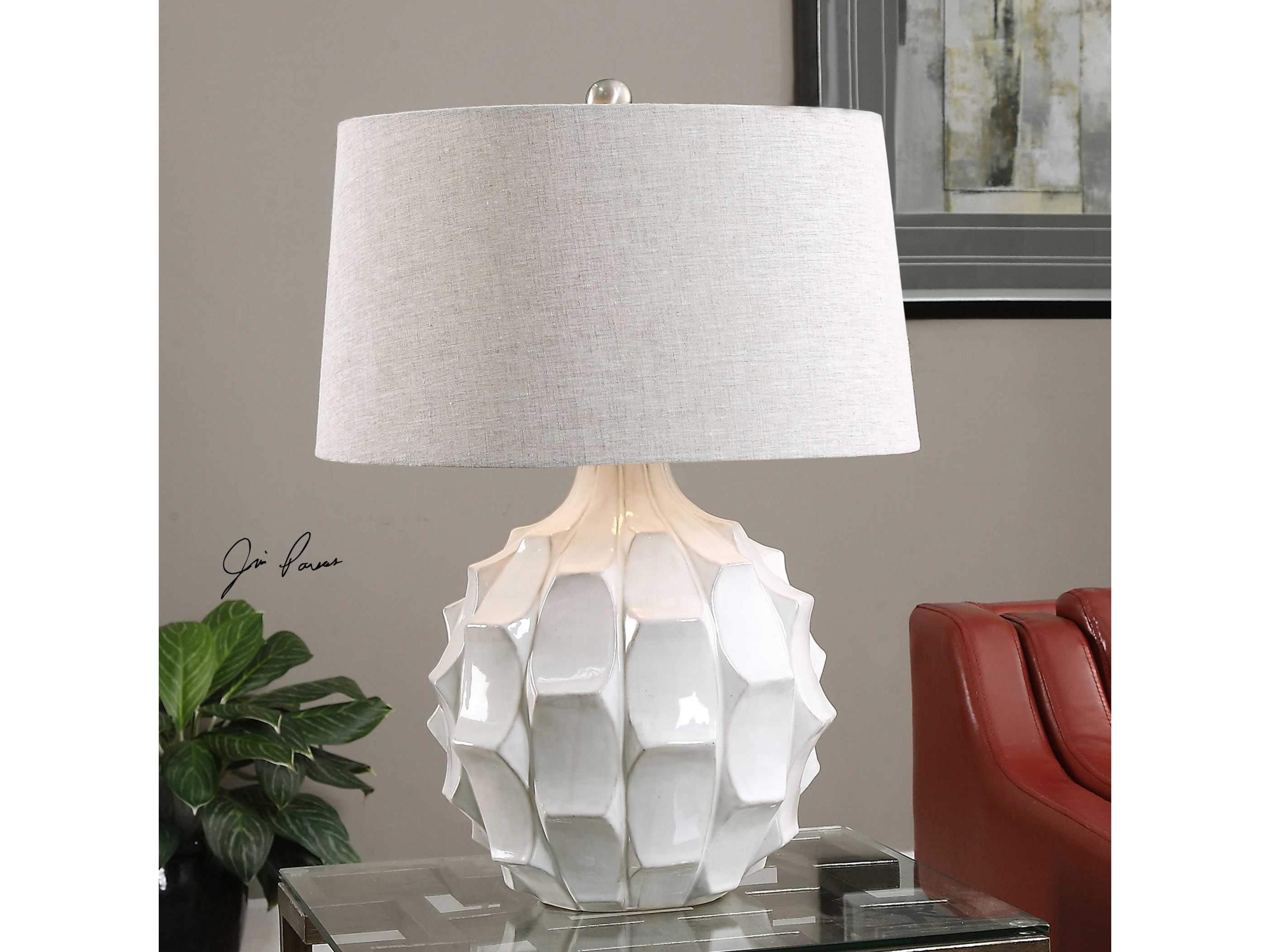 Uttermost Guerina Lightly Distressed Gloss White Tapered Round Hardback Table Lamp