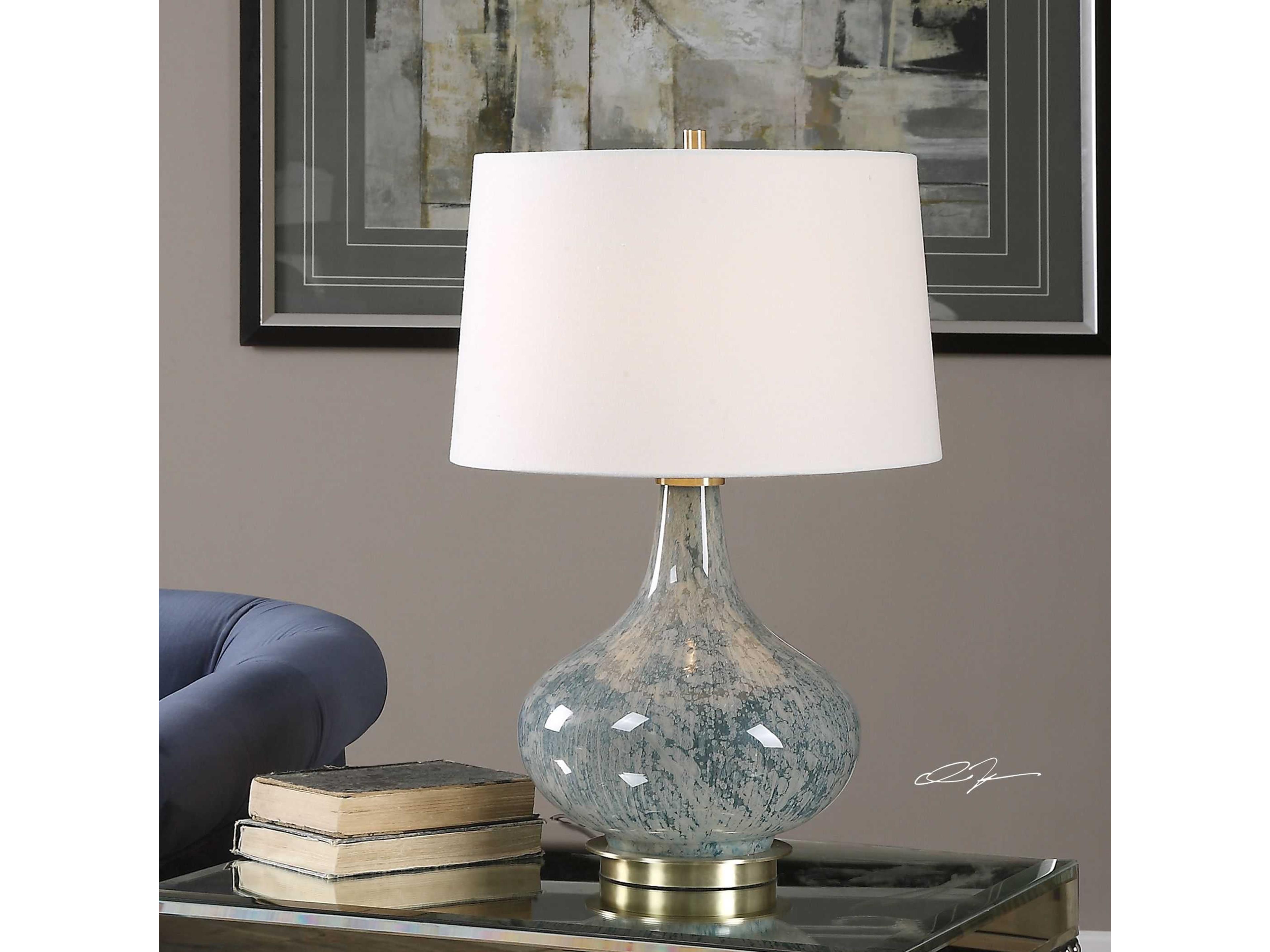 Uttermost Celinda Light Blue Gray Slightly Tapered Round Hardback Glass Table Lamp