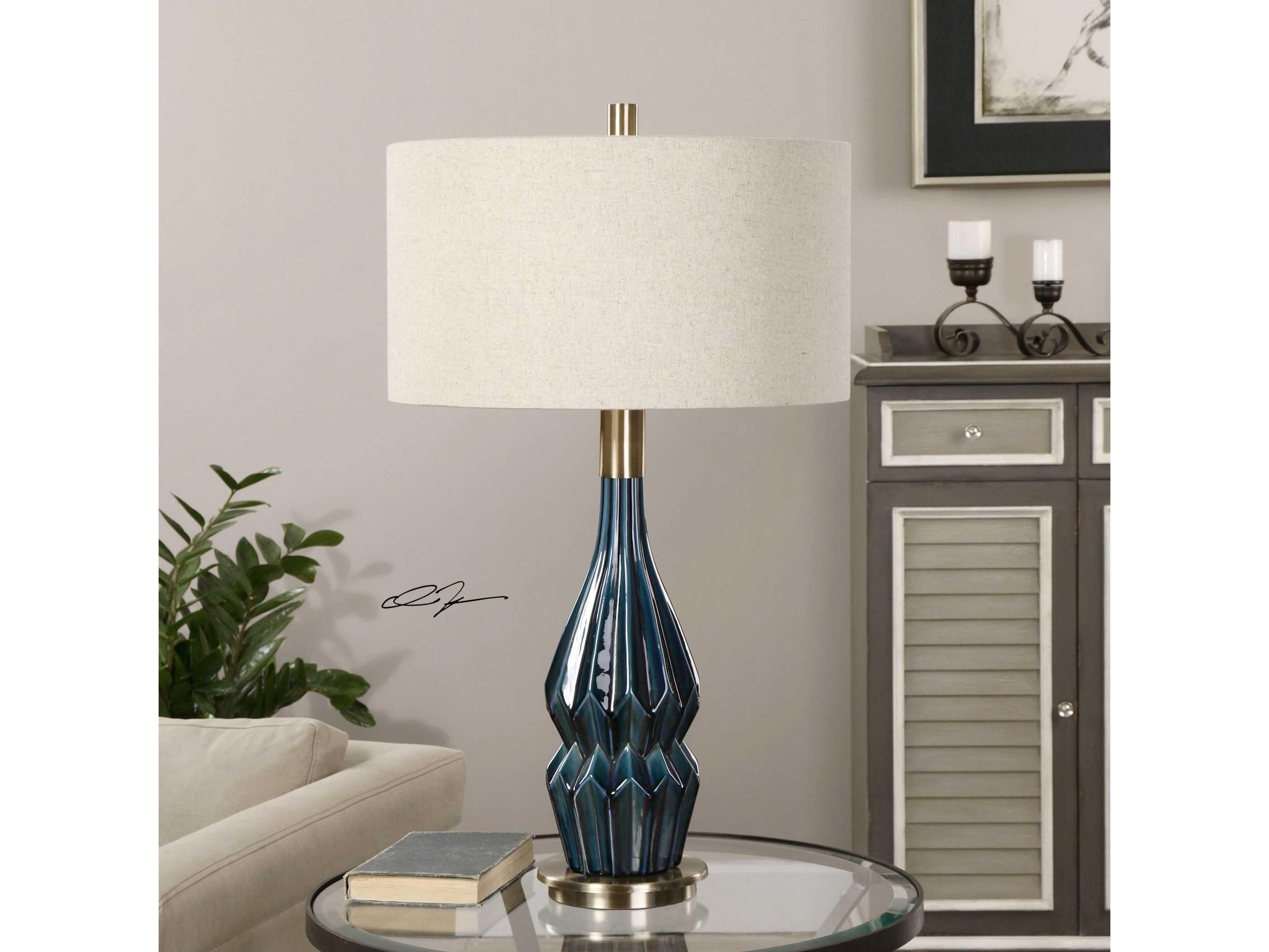 Uttermost Prussian Deep Blue Round Hardback Drum Table Lamp