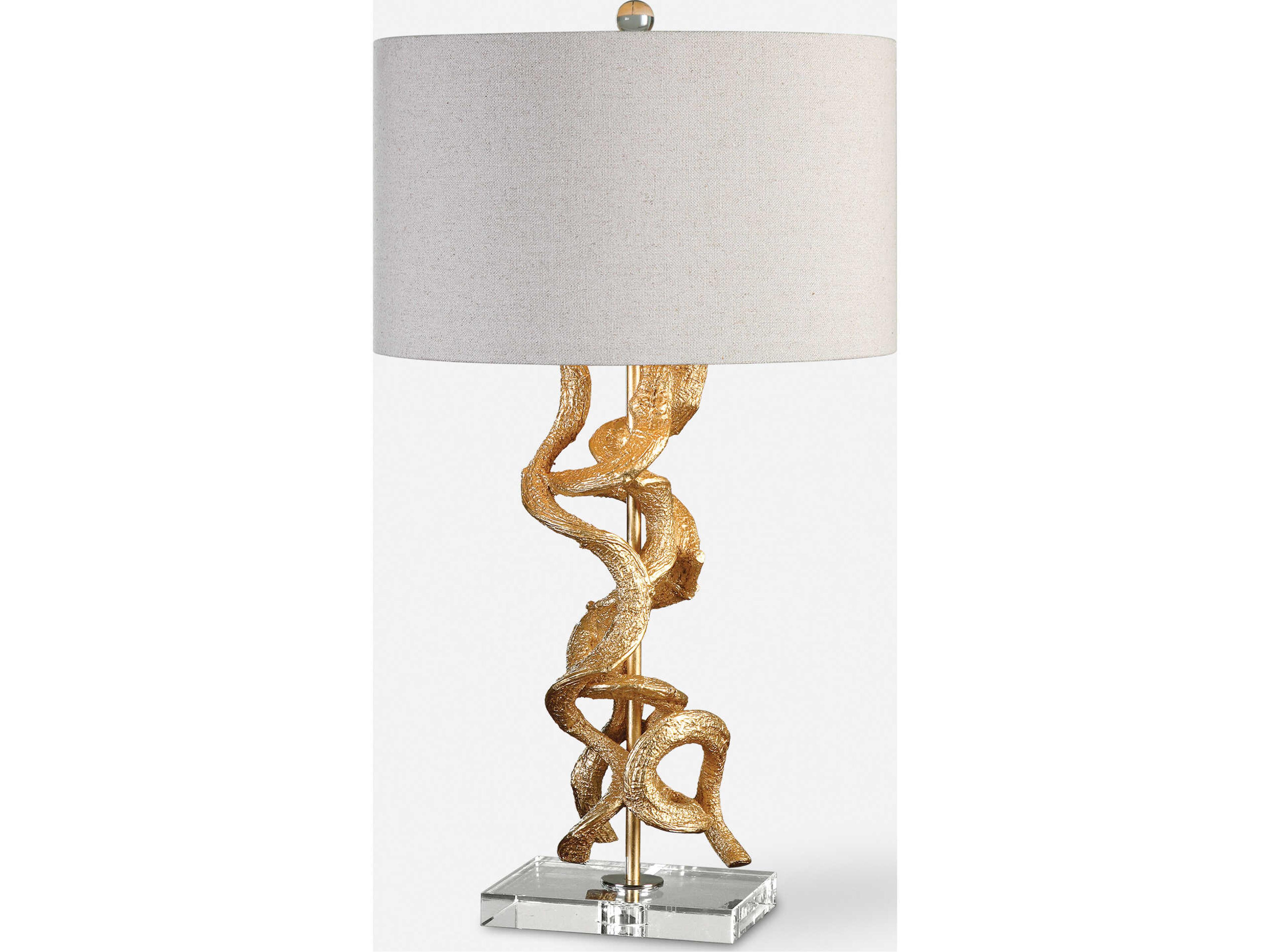 Twisted Vines Gold Leaf Round Hardback Drum Clear Table Lamp