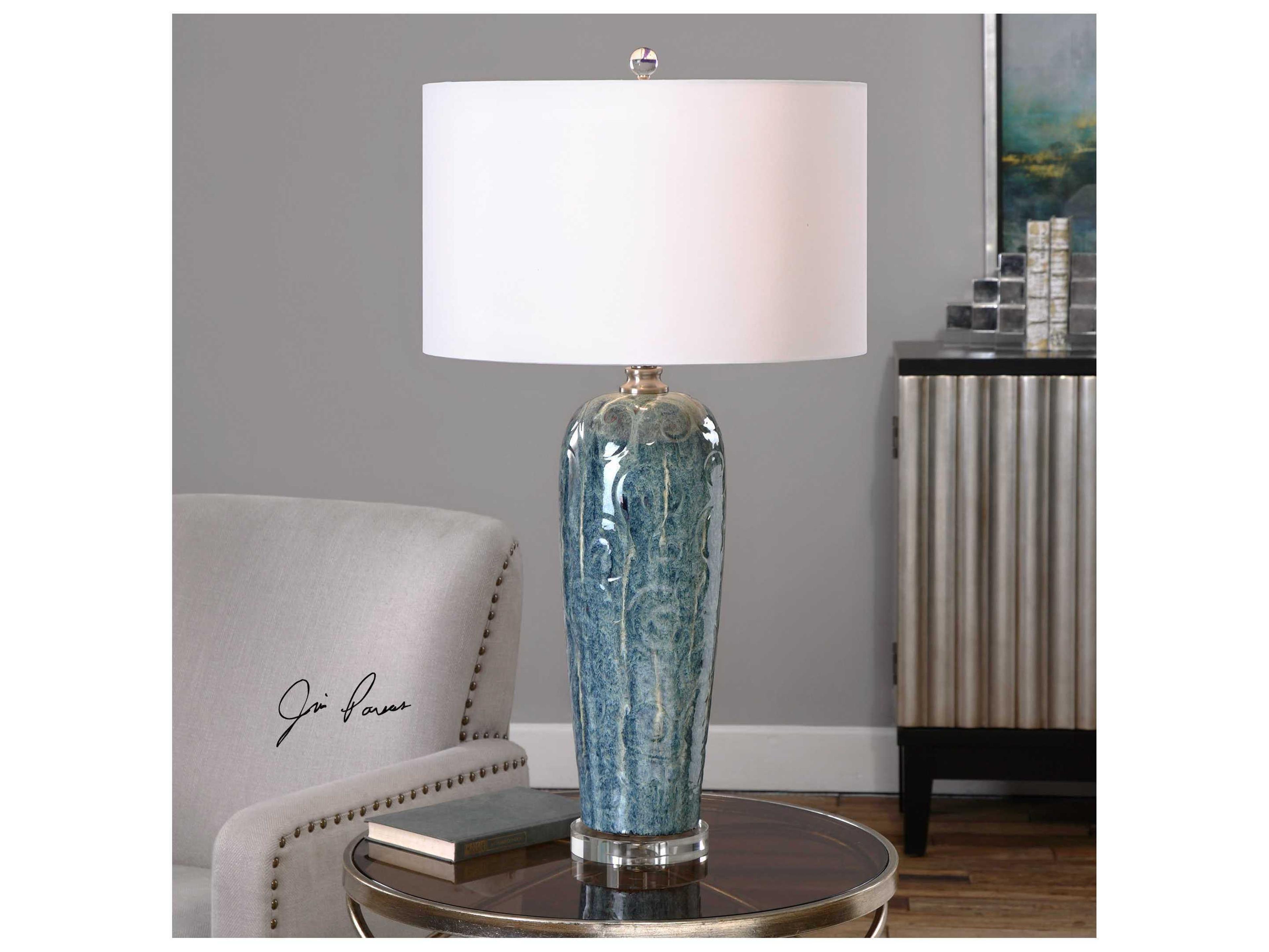 Uttermost Maira Heathered Blue Round Hardback Drum Crystal Table Lamp