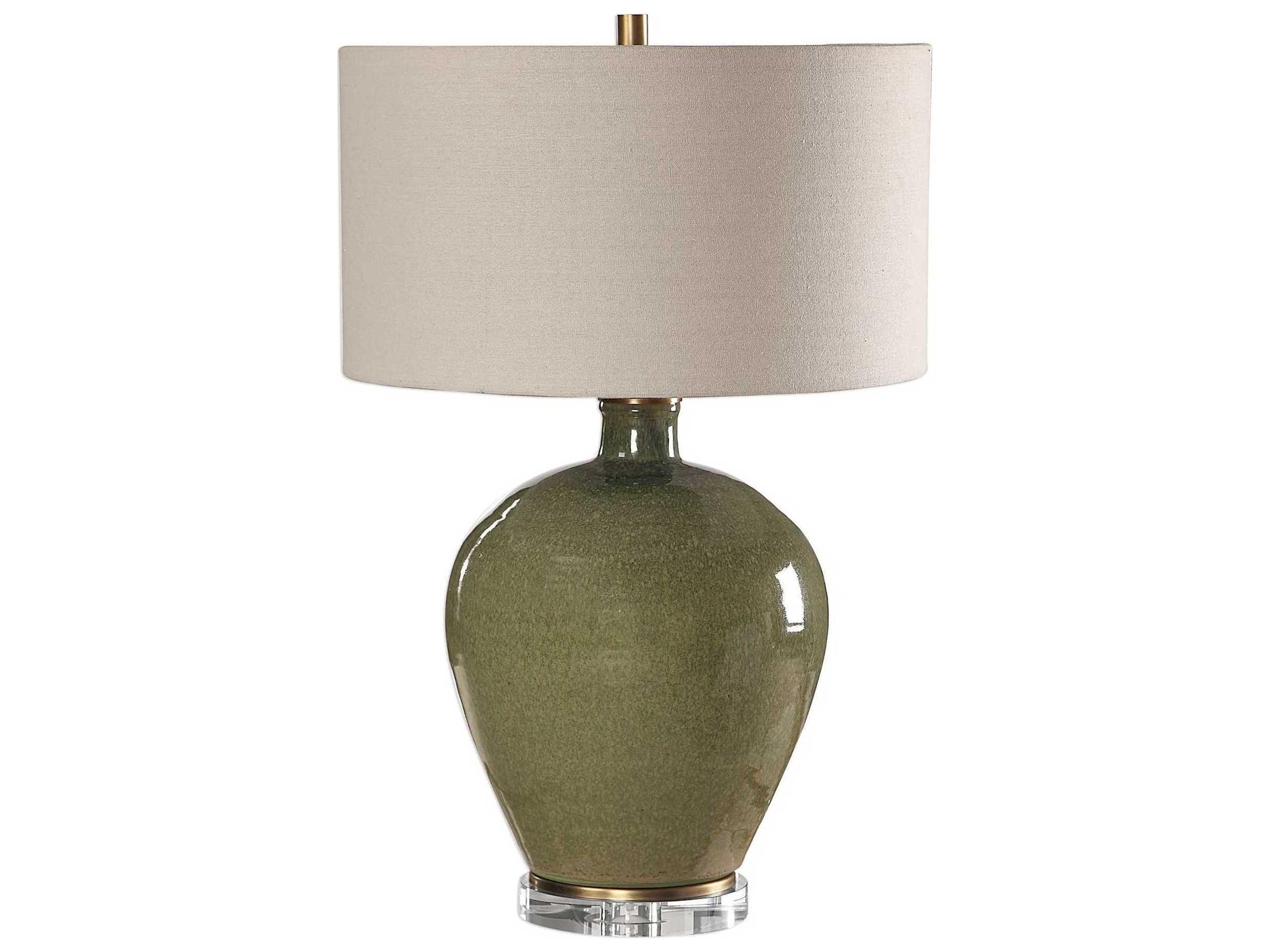 Uttermost Elva Crystal Distressed Emerald Green Round Hardback Drum Brass Buffet Lamp