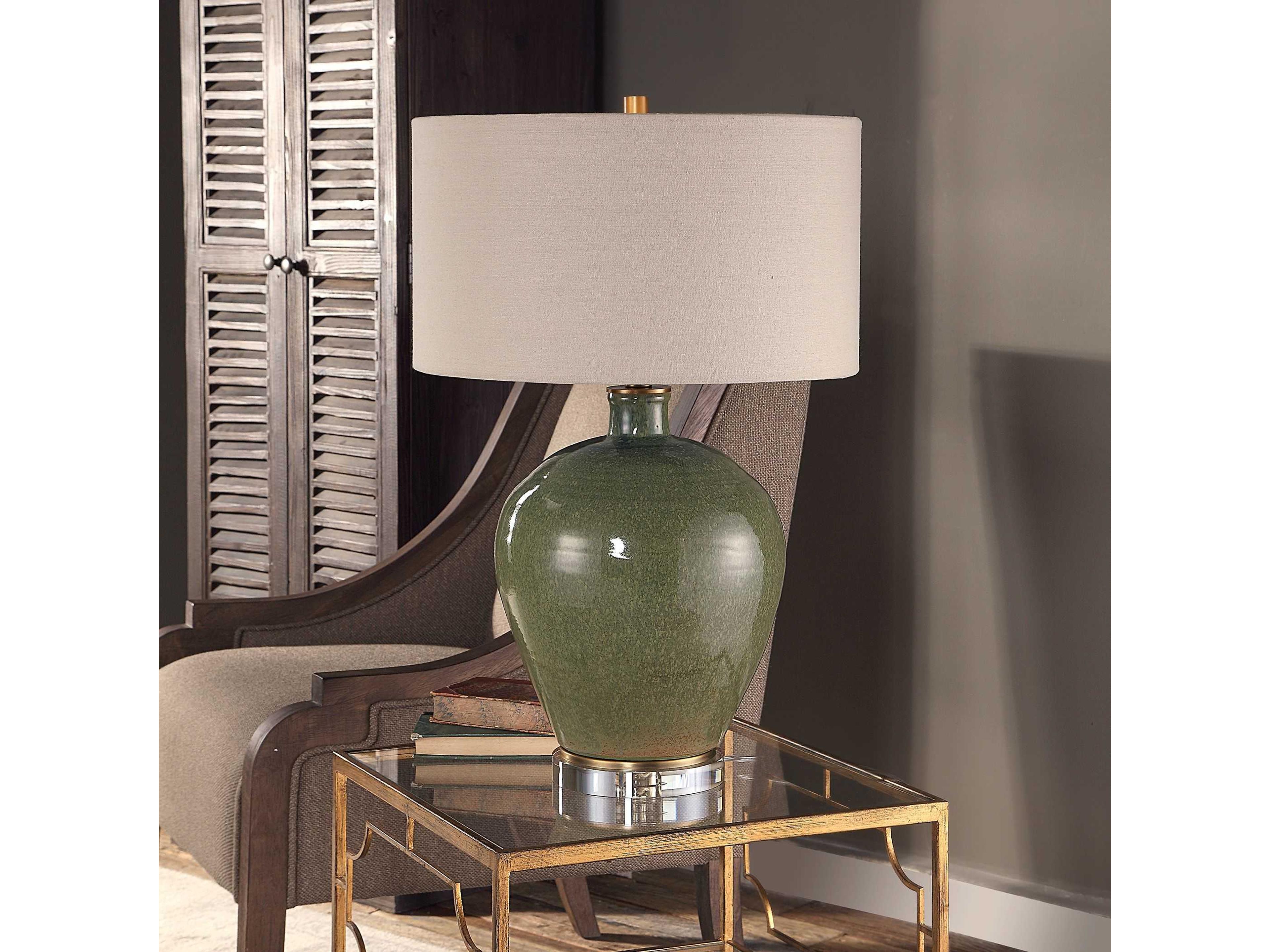 Uttermost Elva Crystal Distressed Emerald Green Round Hardback Drum Brass Buffet Lamp