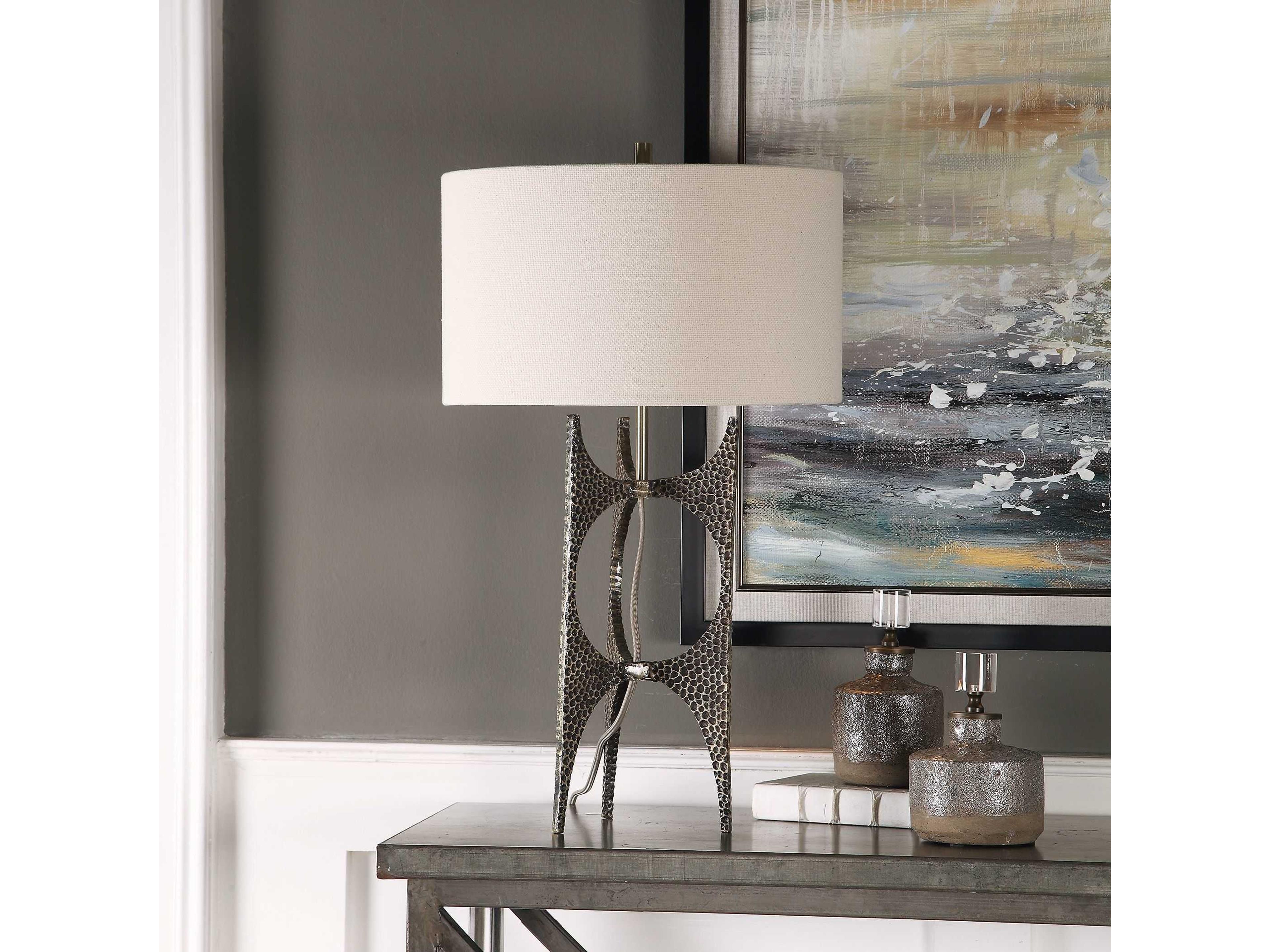 Uttermost Goldia Antique Golden Bronze Round Hardback Drum Gray Buffet Lamp