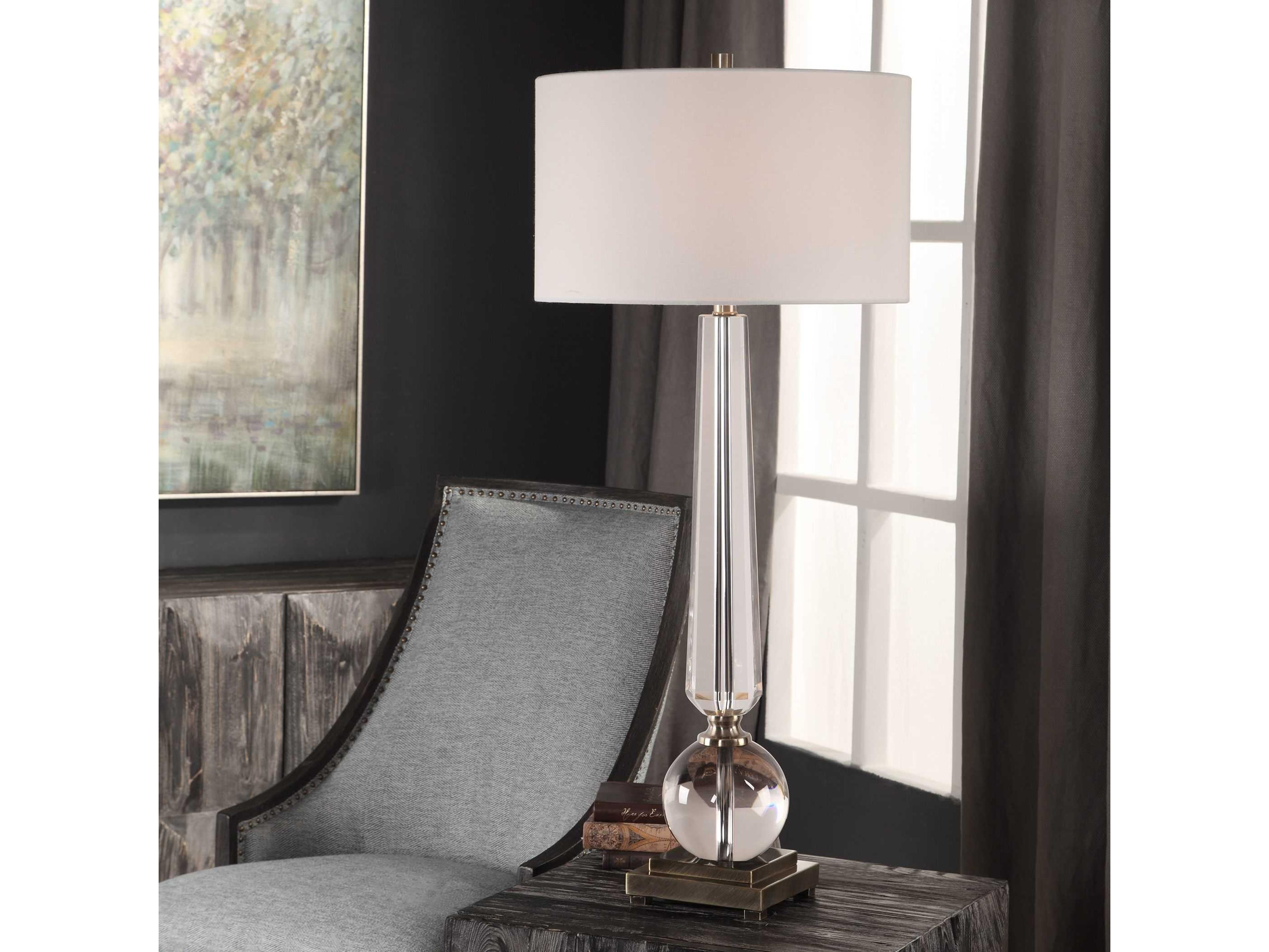 Uttermost Crista Crystal Clear Round Hardback Drum Nickel Buffet Lamp