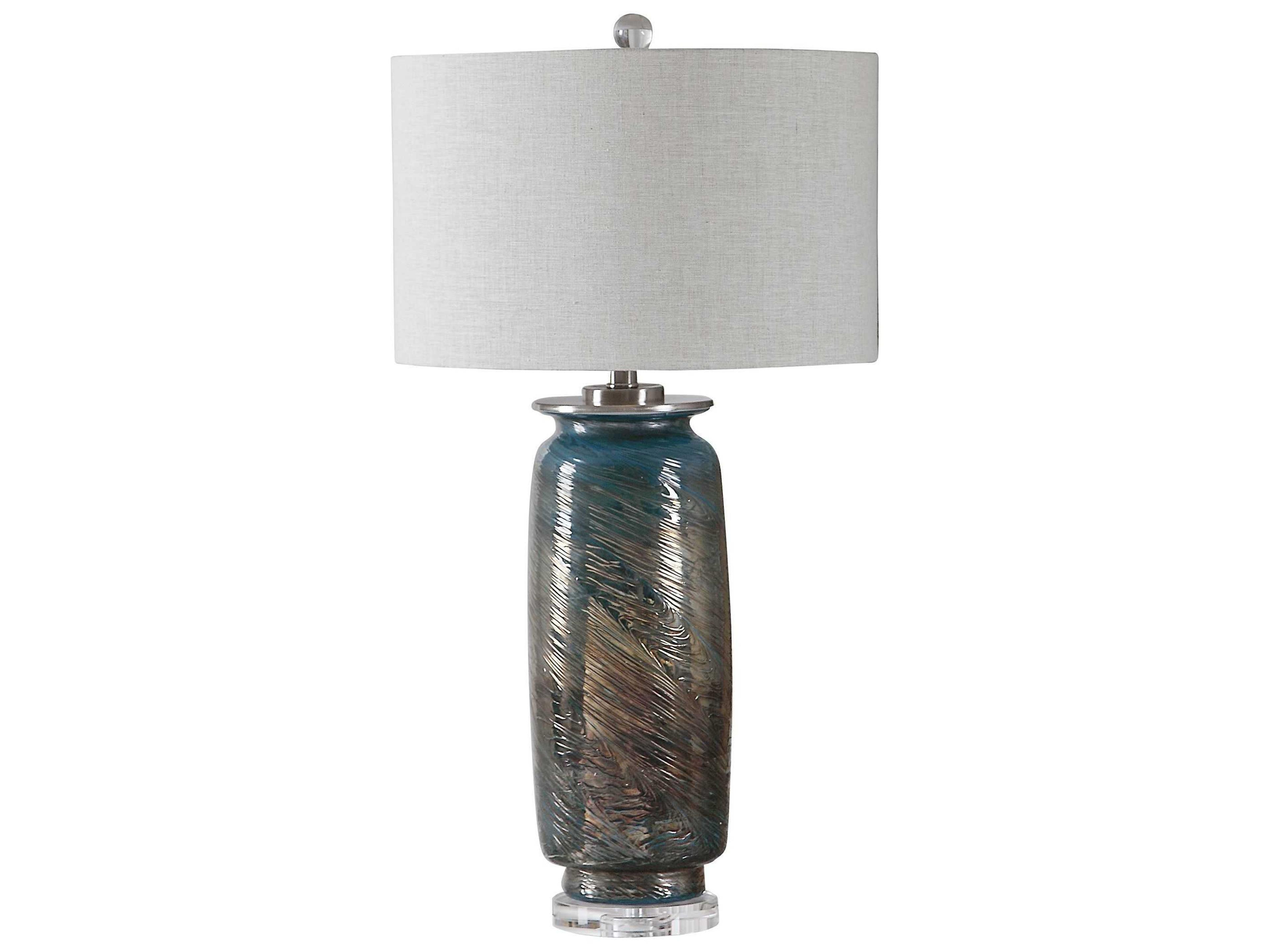 Uttermost Olesya Crystal Ocean Blue Metallic Bronze Round Hardback Drum Glass Buffet Lamp