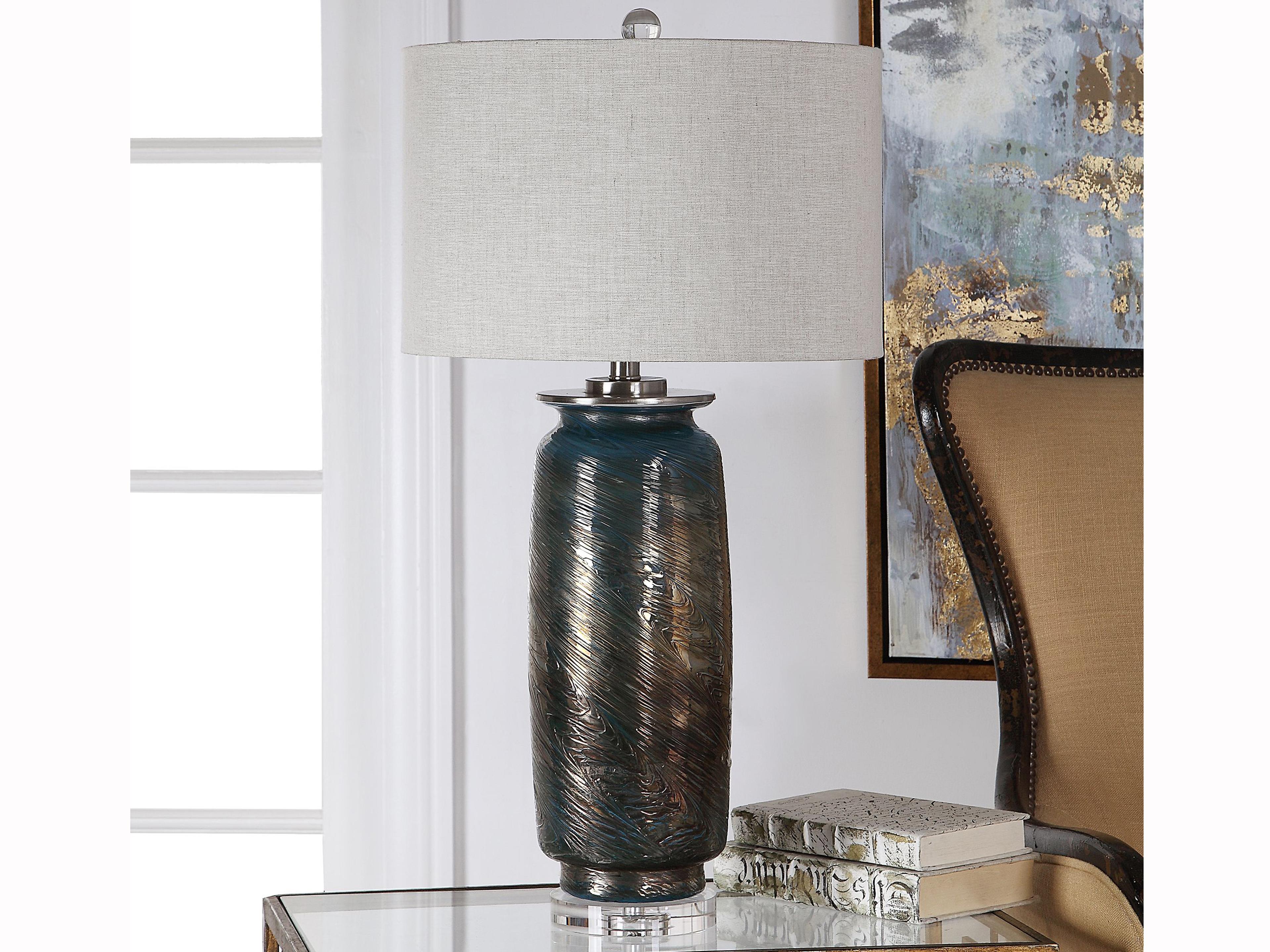 Uttermost Olesya Crystal Ocean Blue Metallic Bronze Round Hardback Drum Glass Buffet Lamp