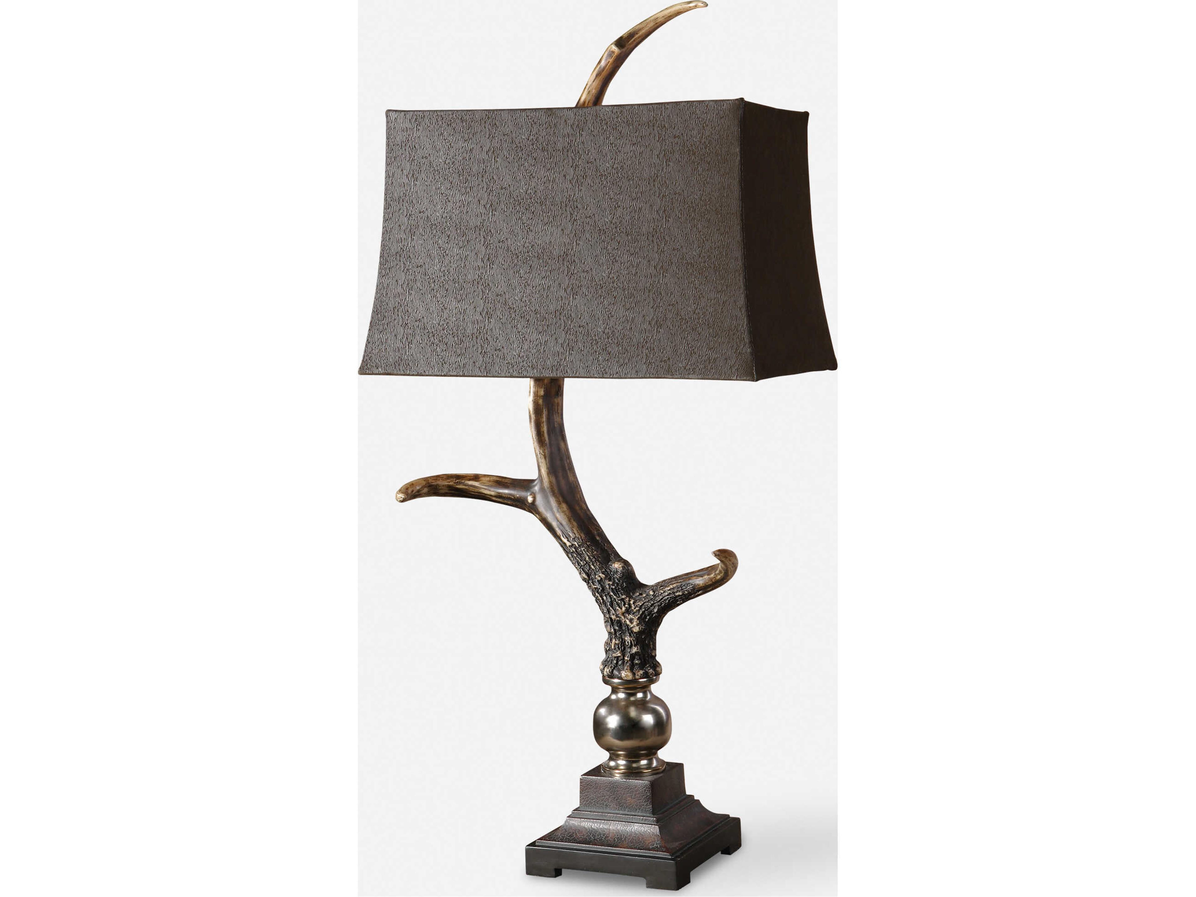 Uttermost Stag Horn Burnished Bone Ivory Rectangle Bell Shade Black Table Lamp