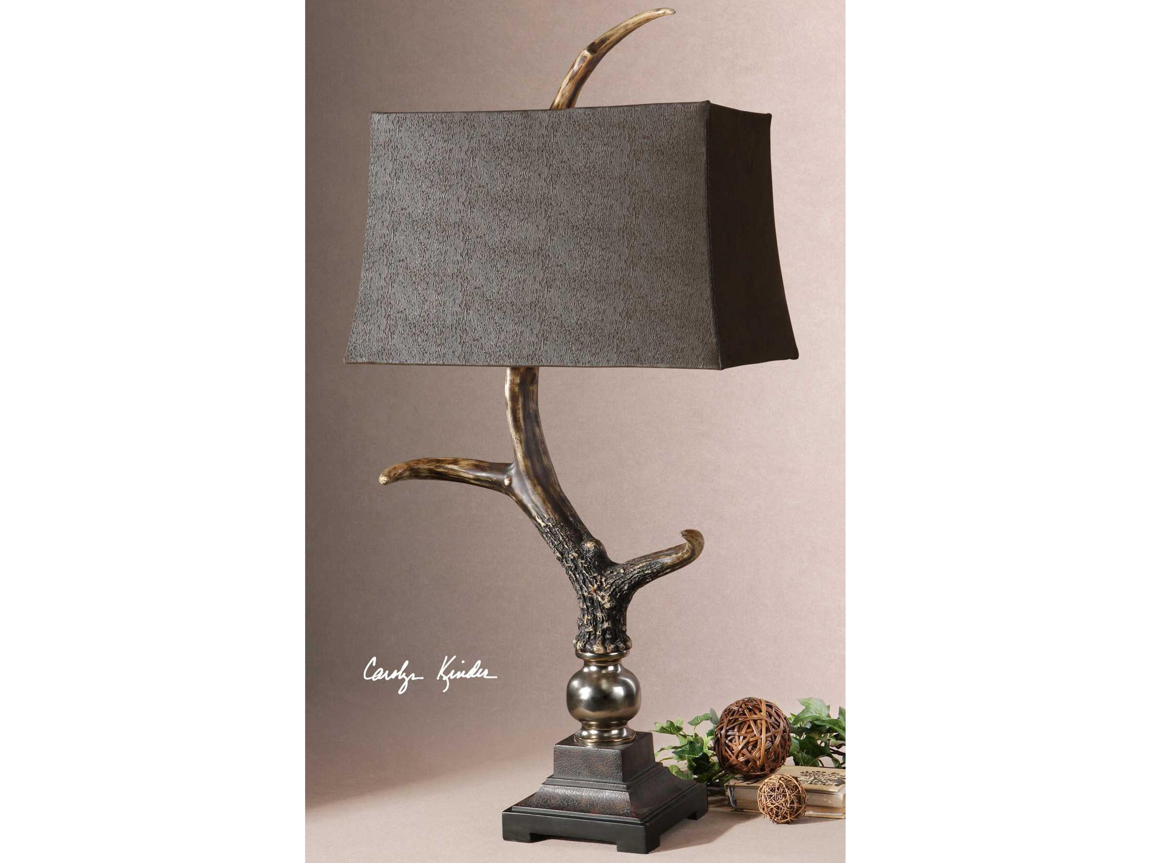 Uttermost Stag Horn Burnished Bone Ivory Rectangle Bell Shade Black Table Lamp
