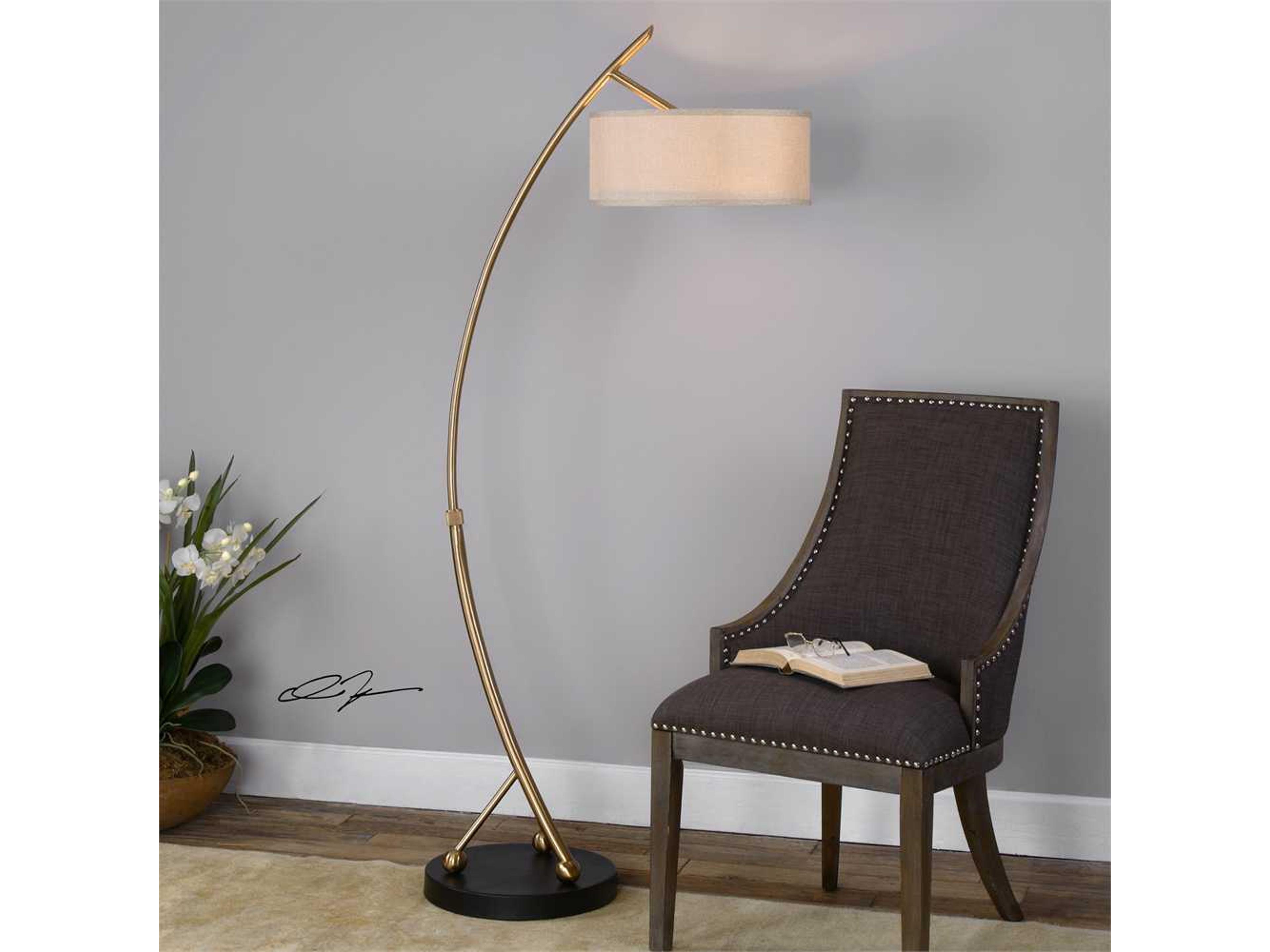 Uttermost Vardar Brushed Brass Round Hardback Drum Floor Lamp