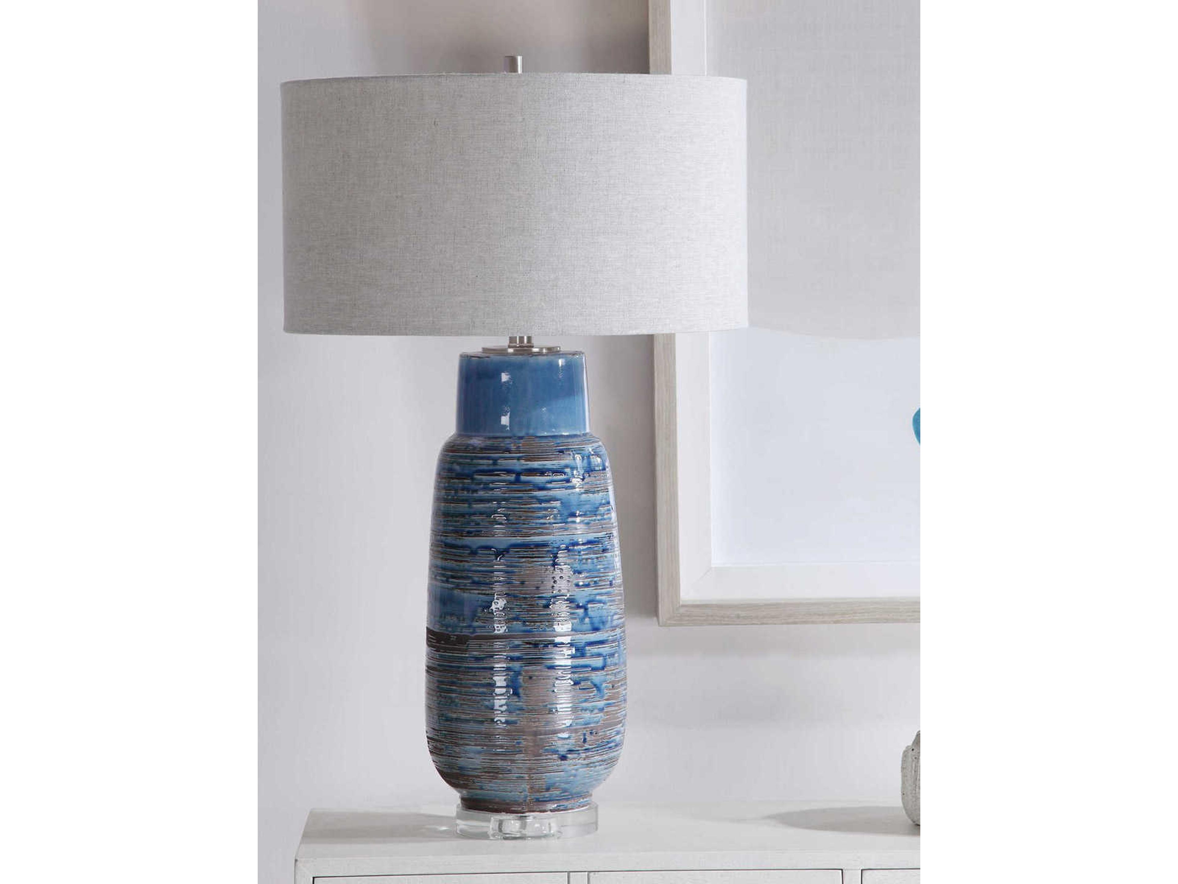 Uttermost Magellan Crystal Distressed Aged Indigo Blue Round Hardback Drum Buffet Lamp