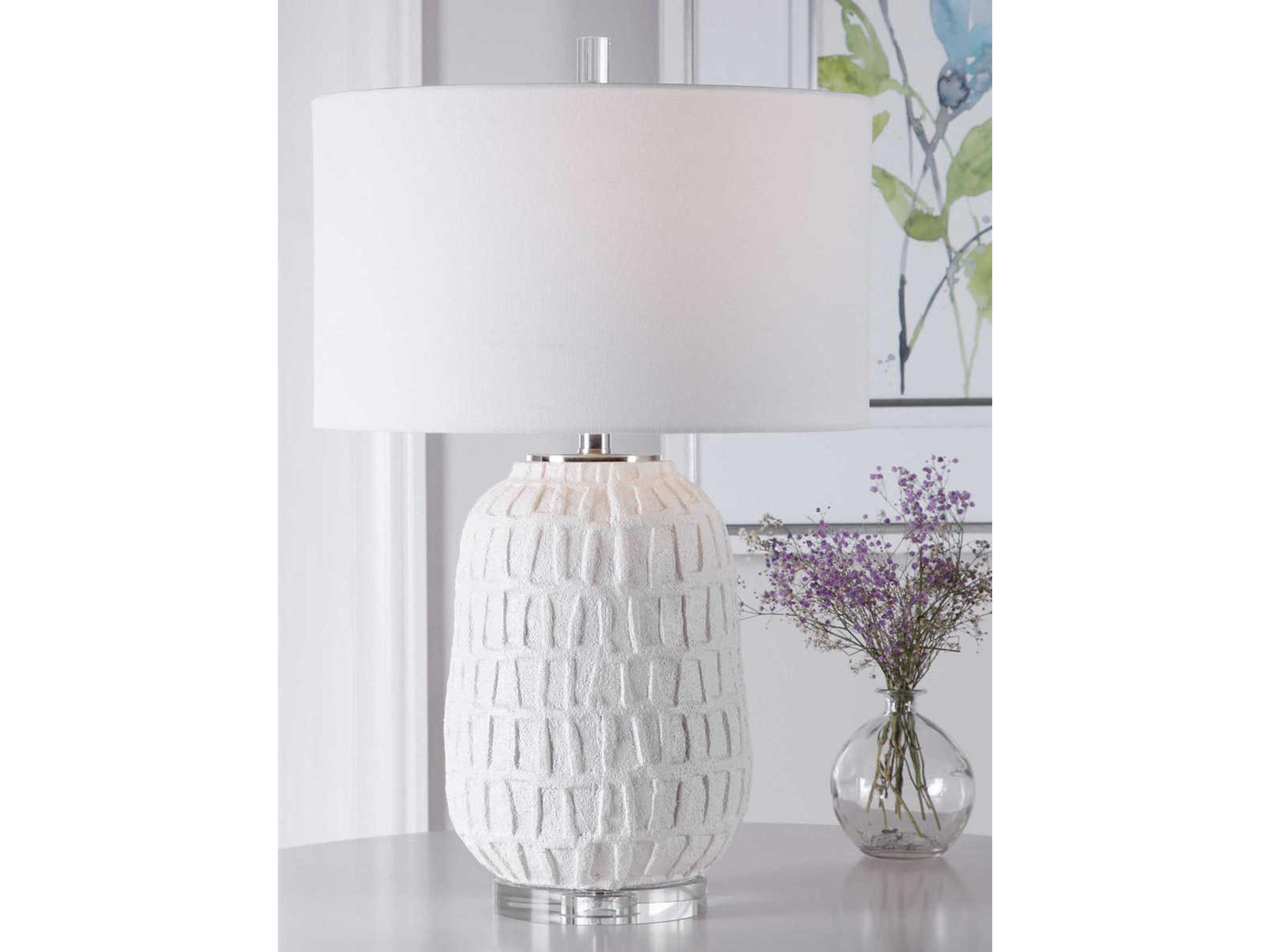Uttermost Caelina Crystal Matte White Drum Hardback Rolled Edge Buffet Lamp