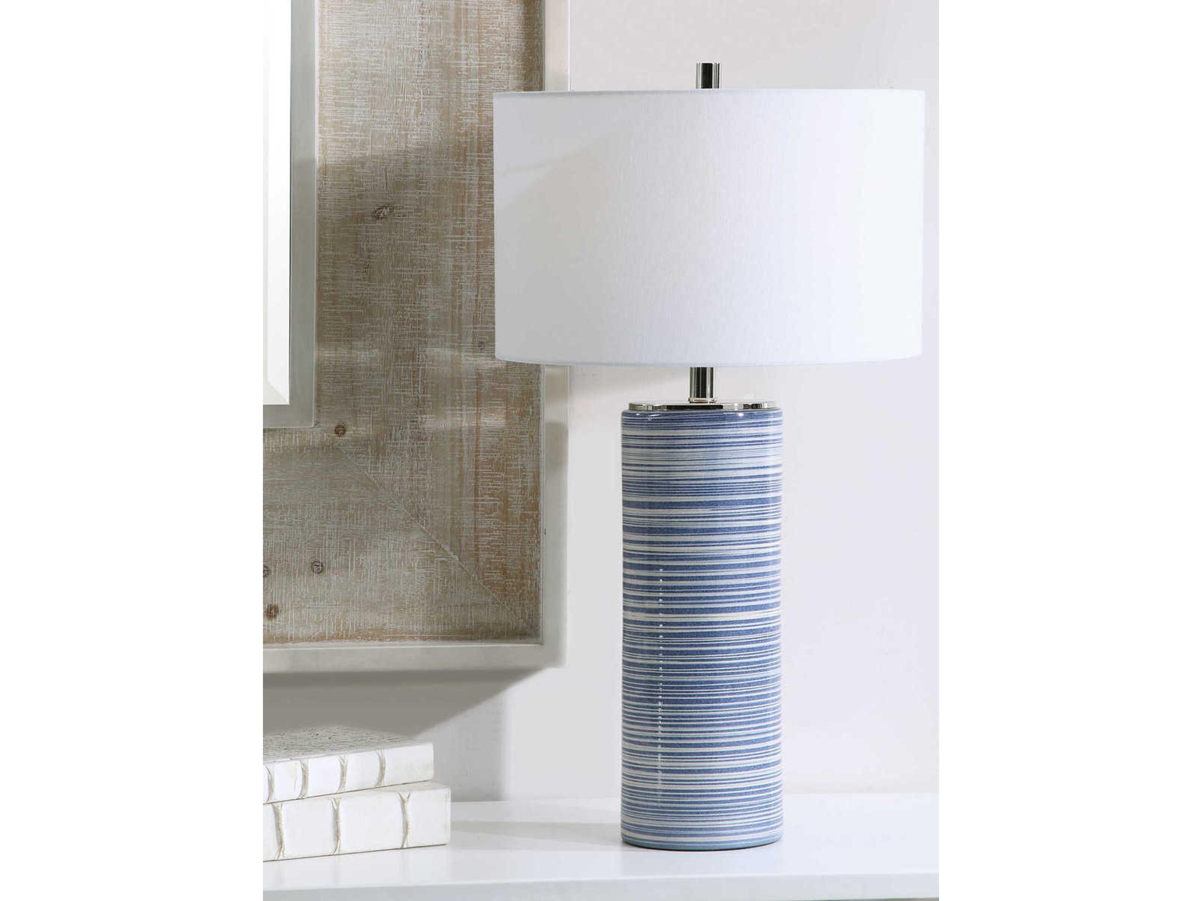 Uttermost Montauk Trendy White Indigo Round Drum Hardback Blue Buffet Lamp