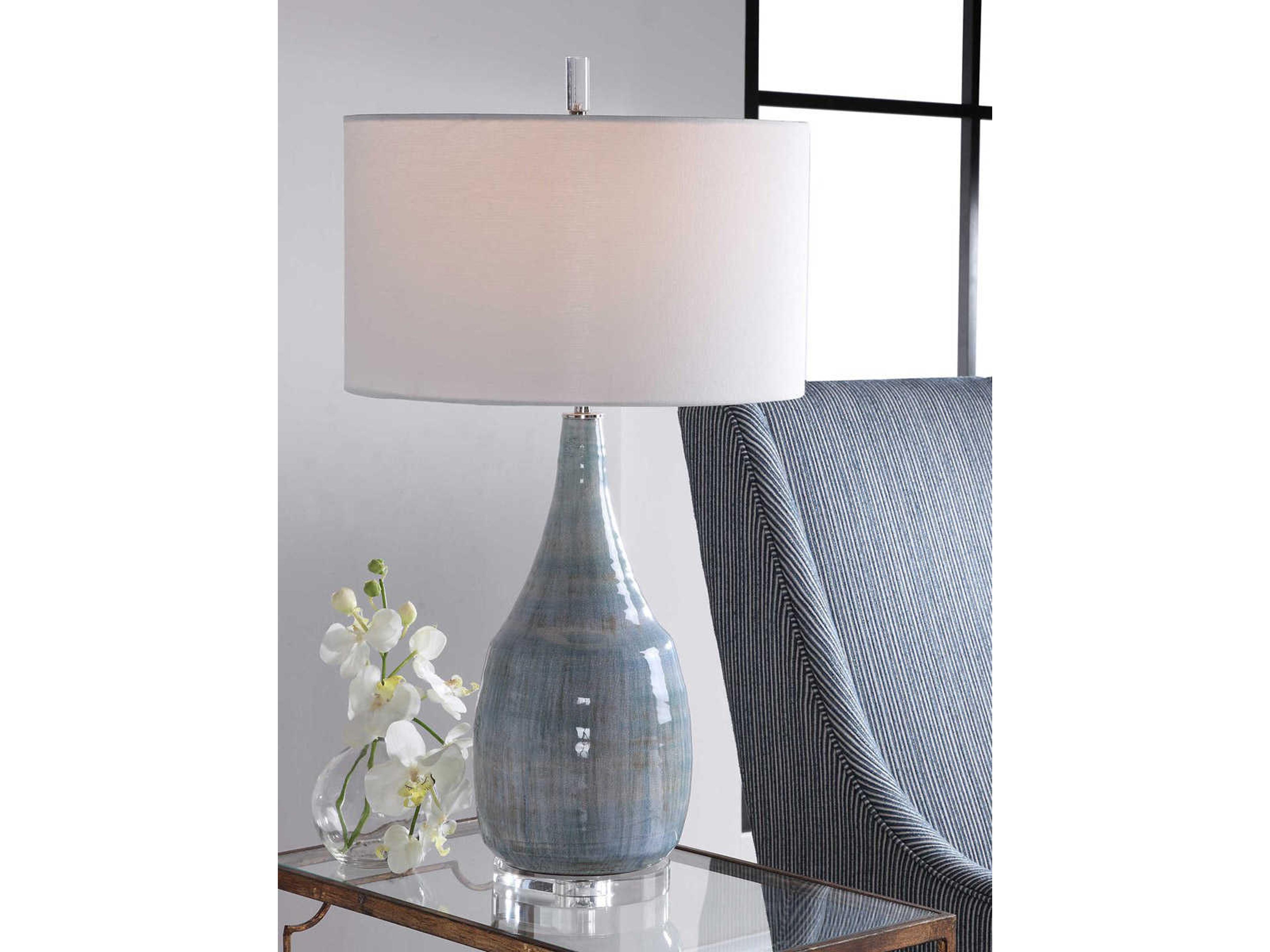 Uttermost Rialta Crystal Aqua Teal Drum Hardback Rolled Edge Blue Buffet Lamp