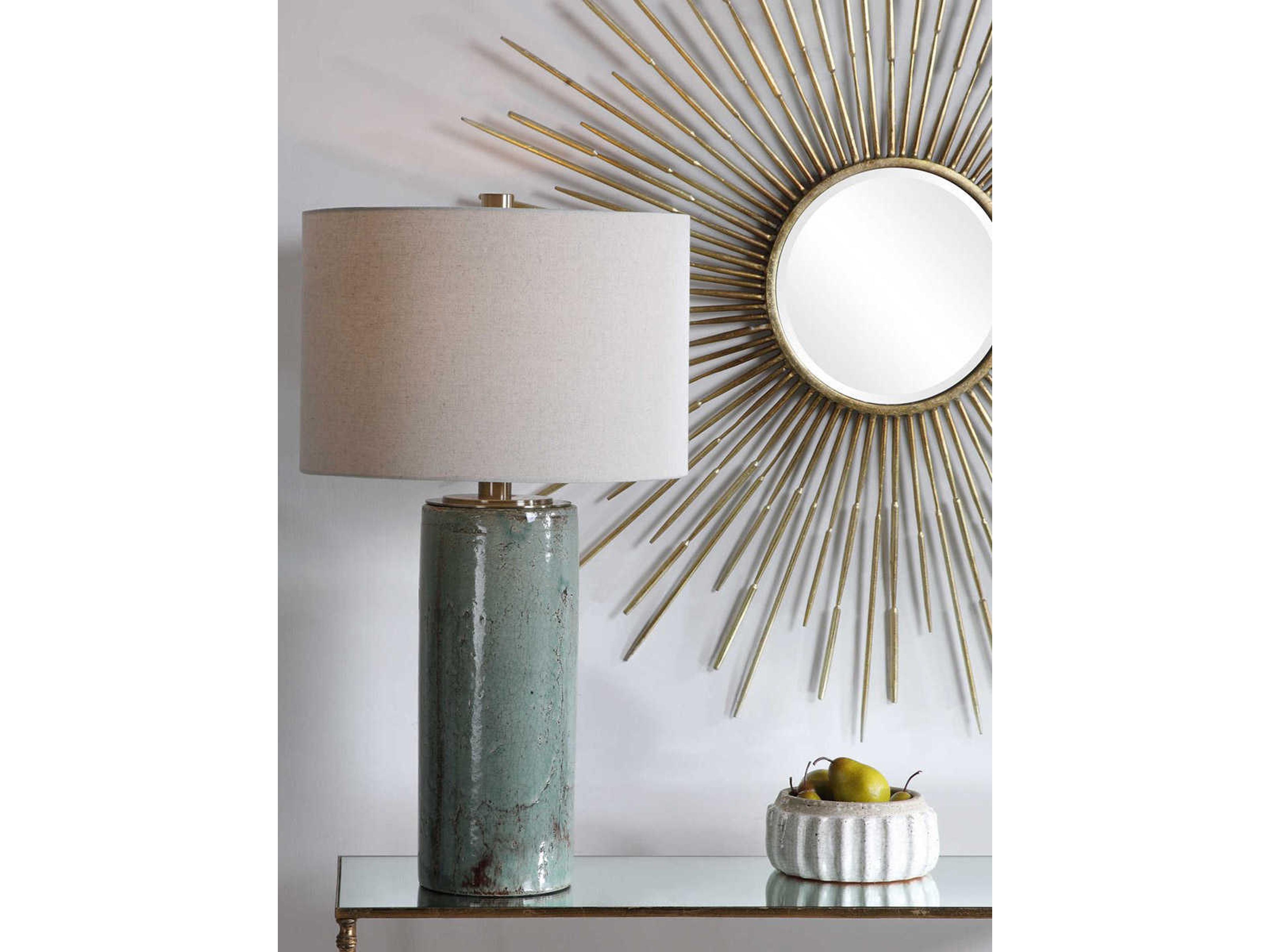 Uttermost Callais Aqua Blue Rustic Bronze Round Hardback Drum Buffet Lamp