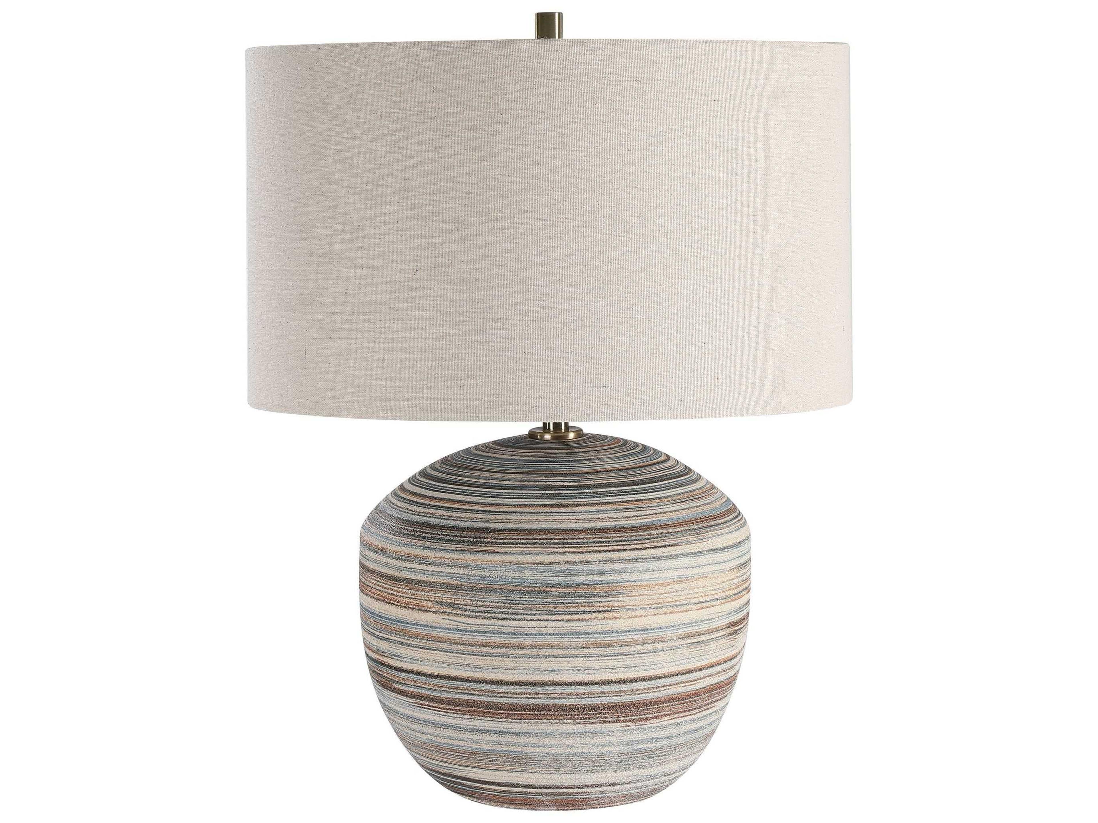 Uttermost Prospect Brown Taupe Cream Blue Round Drum Hardback Off White Table Lamp