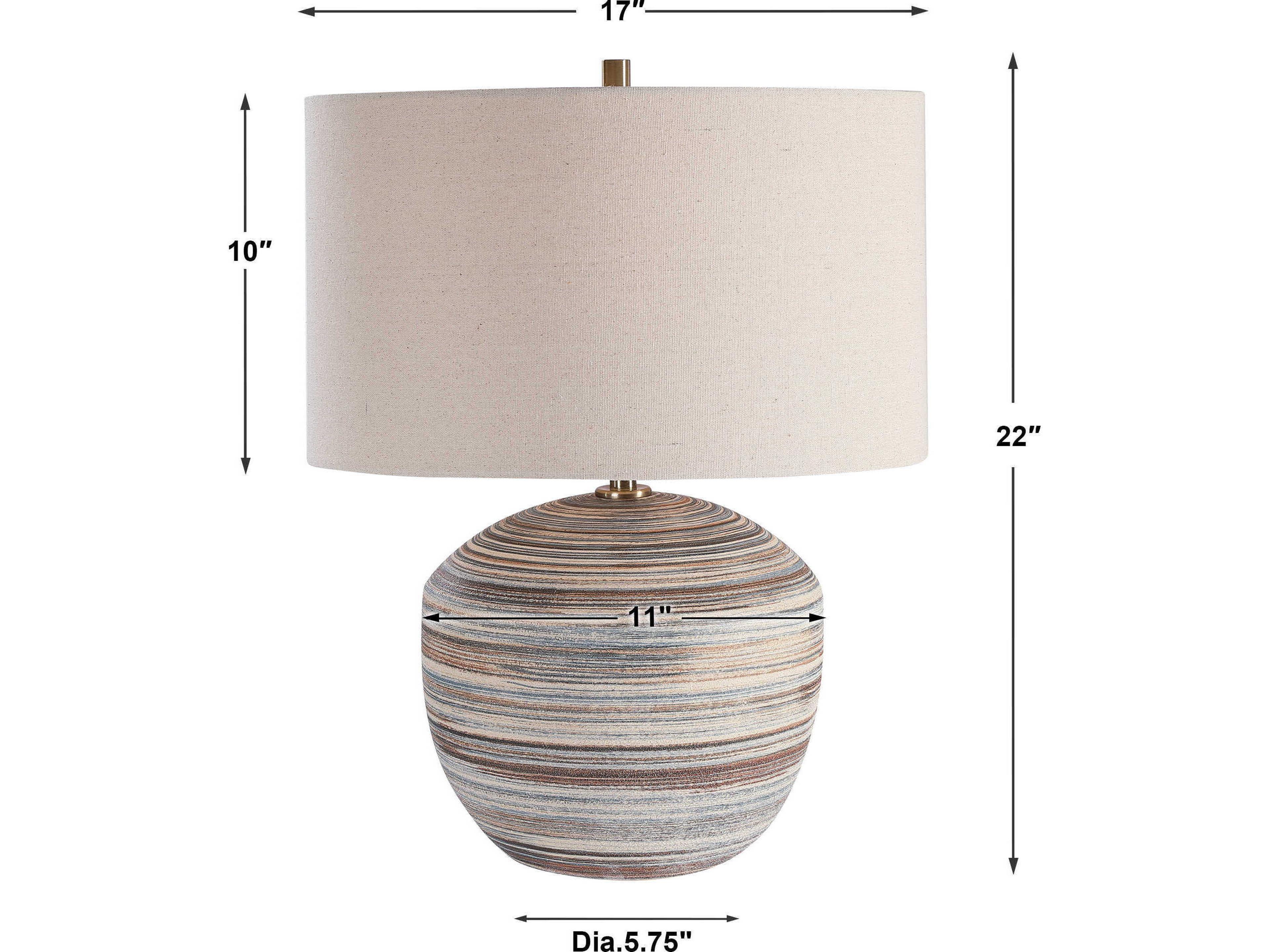 Uttermost Prospect Brown Taupe Cream Blue Round Drum Hardback Off White Table Lamp