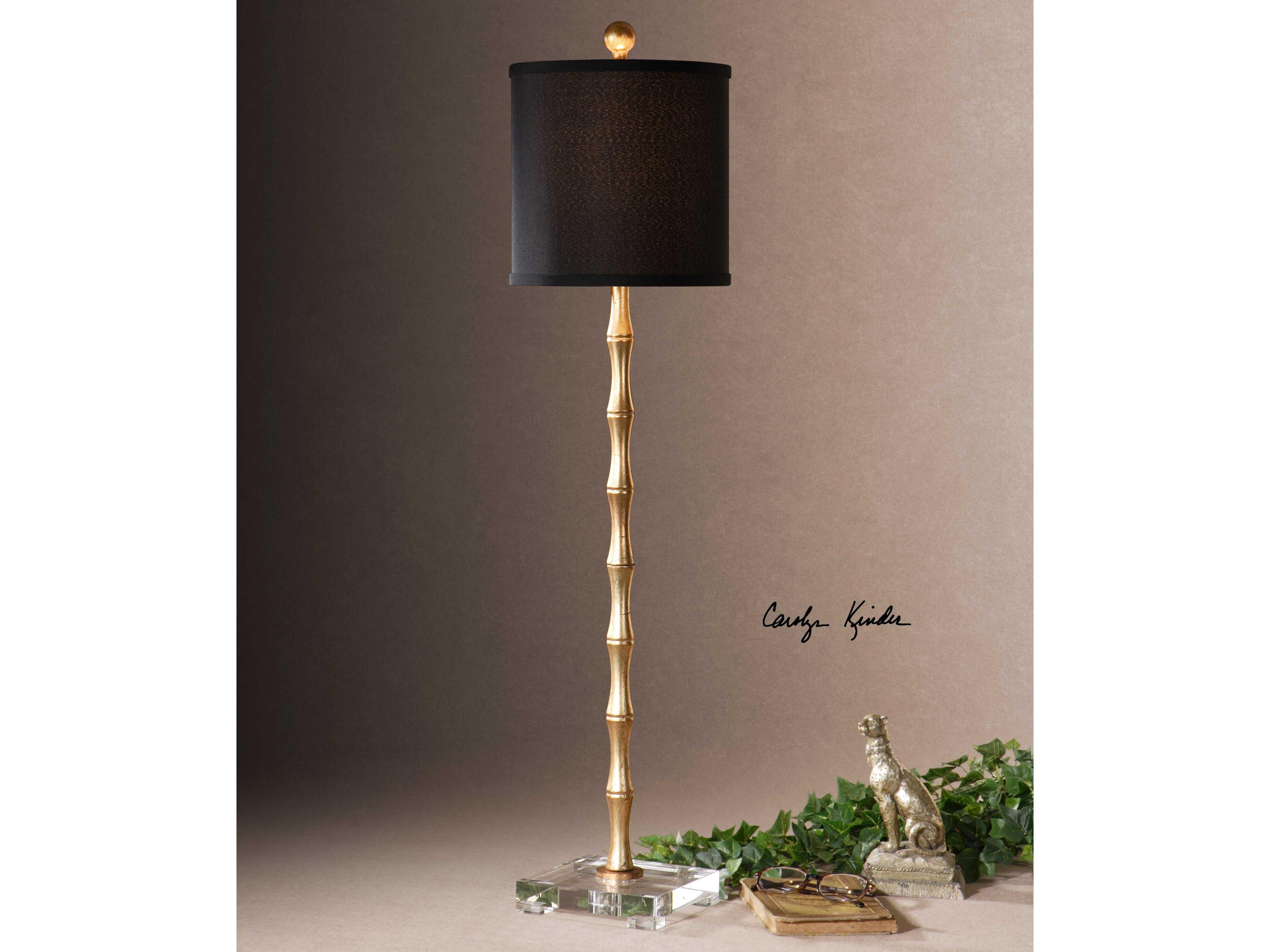 Uttermost Quindici Metal Bamboo Antiqued Gold Leaf Round Hardback Drum Crystal Buffet Lamp