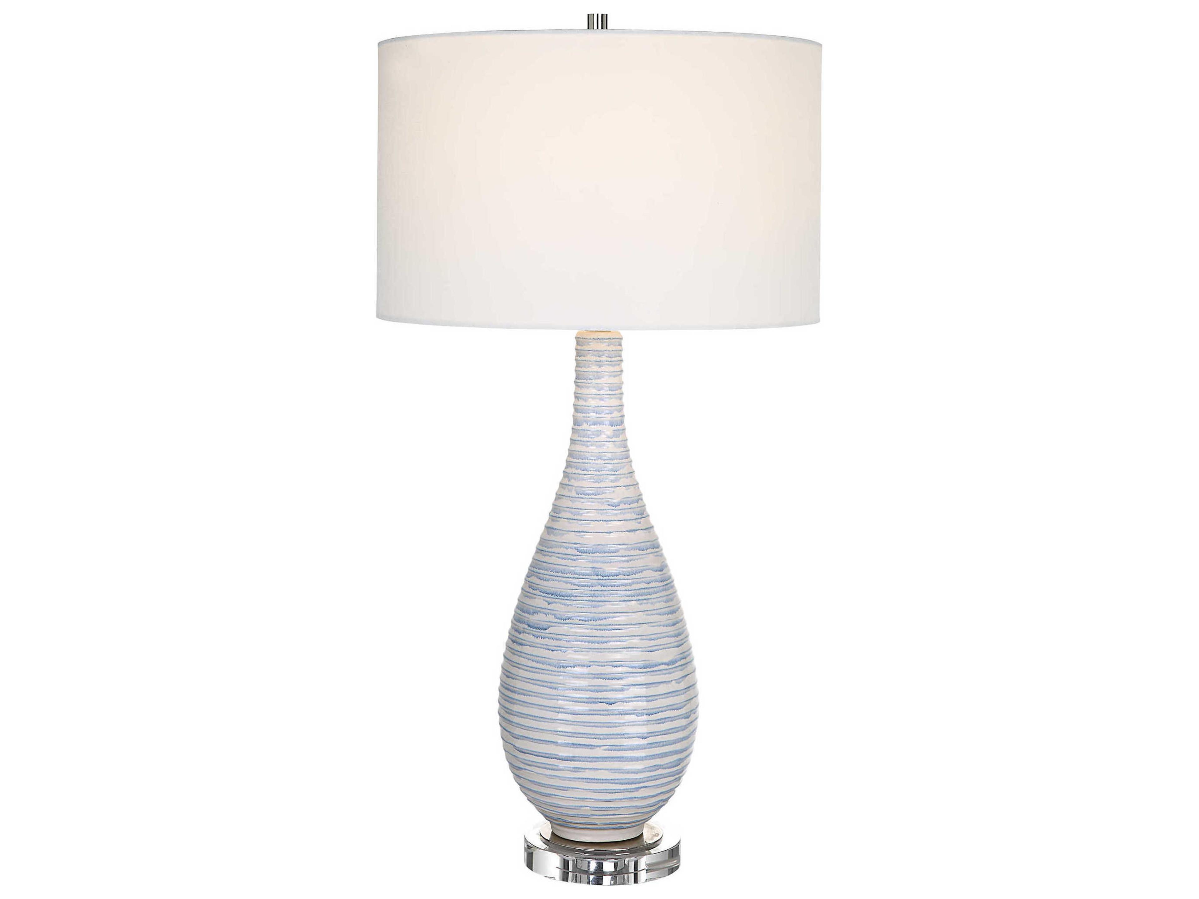 Clariot Soft Blue White Round Hardback Drum Nickel Crystal Buffet Lamp