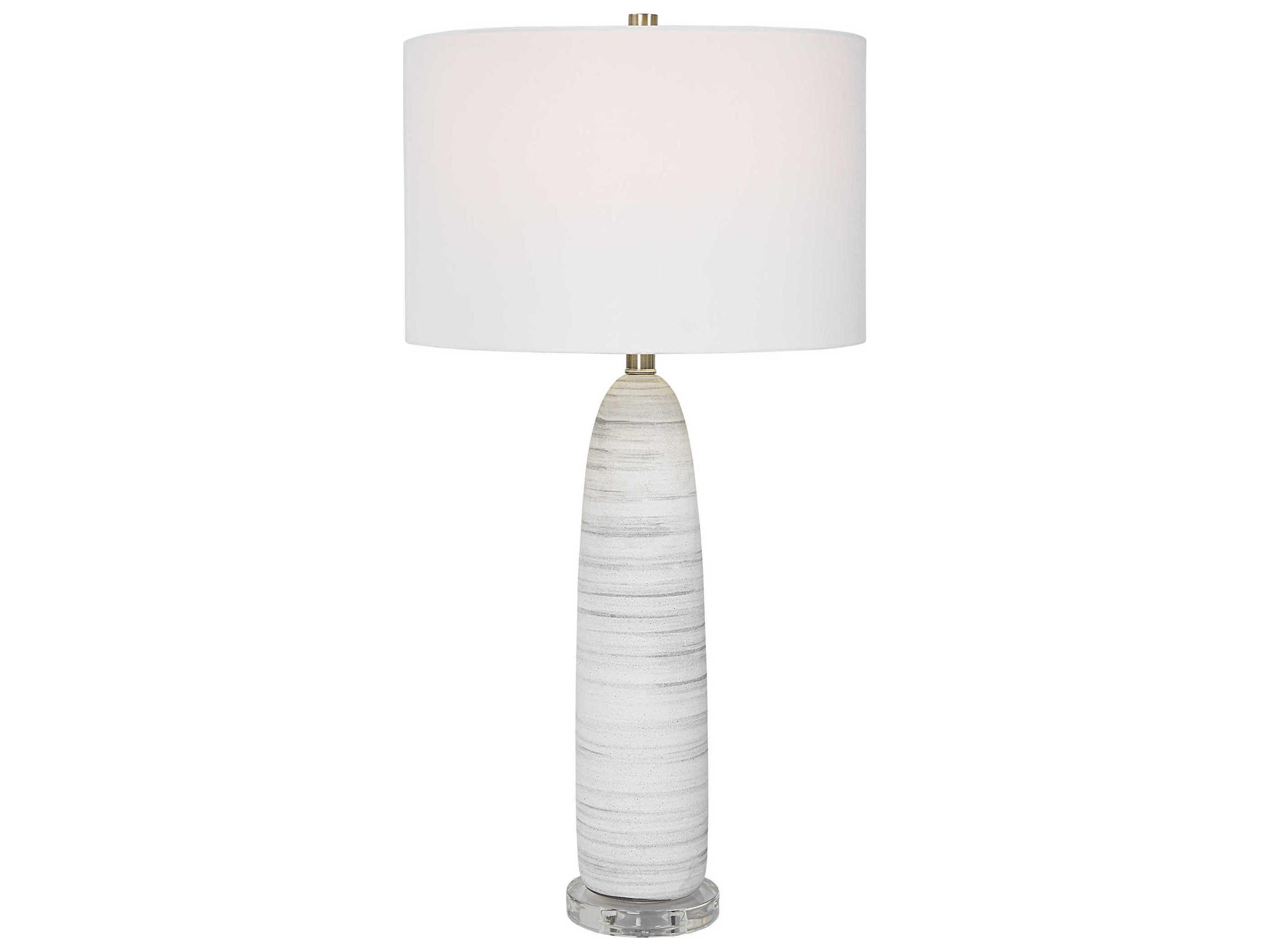 Levadia Matte White Gray Brushed Nickel Round Drum Hardback Shade Crystal Buffet Lamp