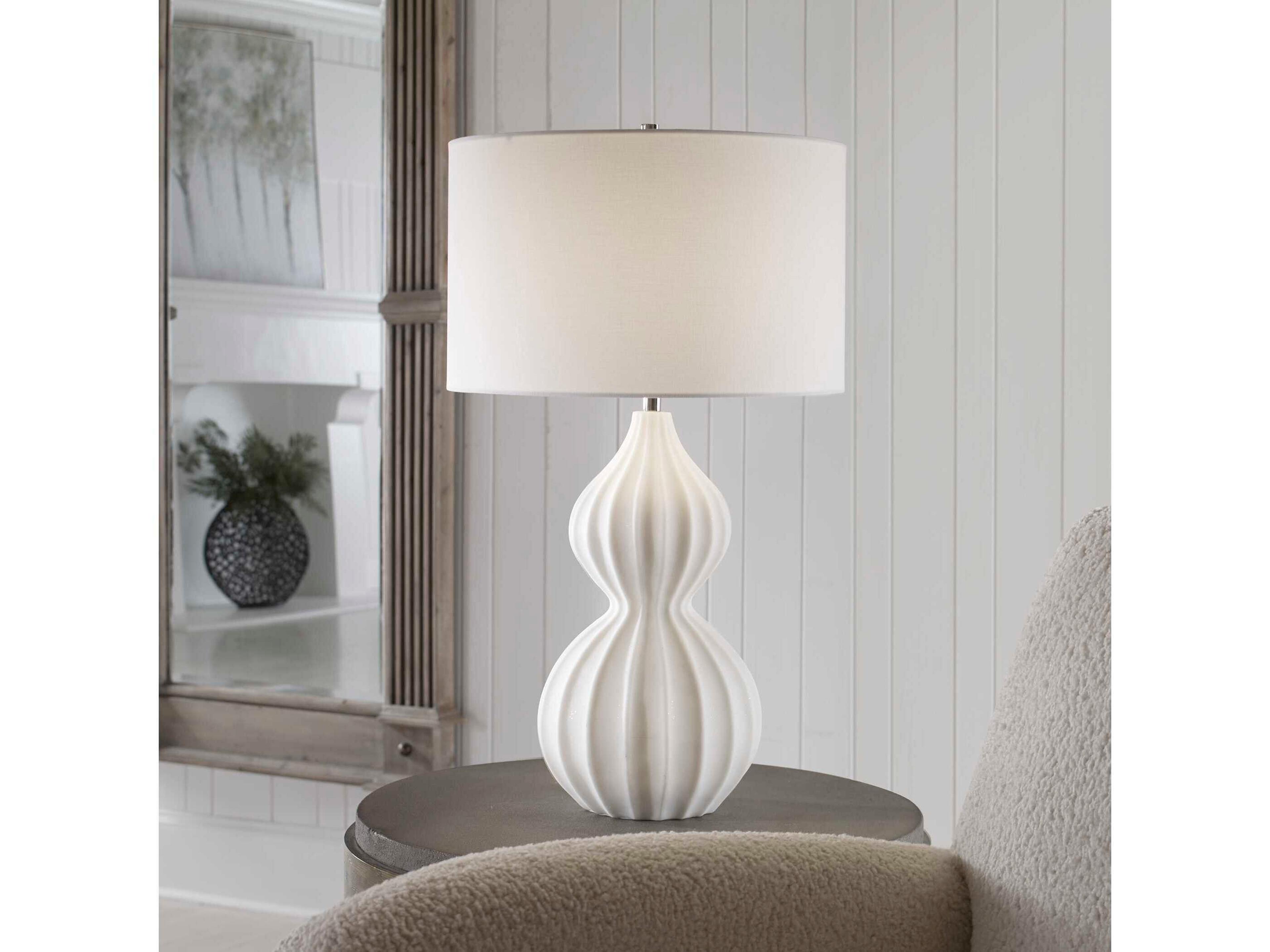 Uttermost Antoinette White Marble Polished Nickel Round Hardback Drum Buffet Lamp