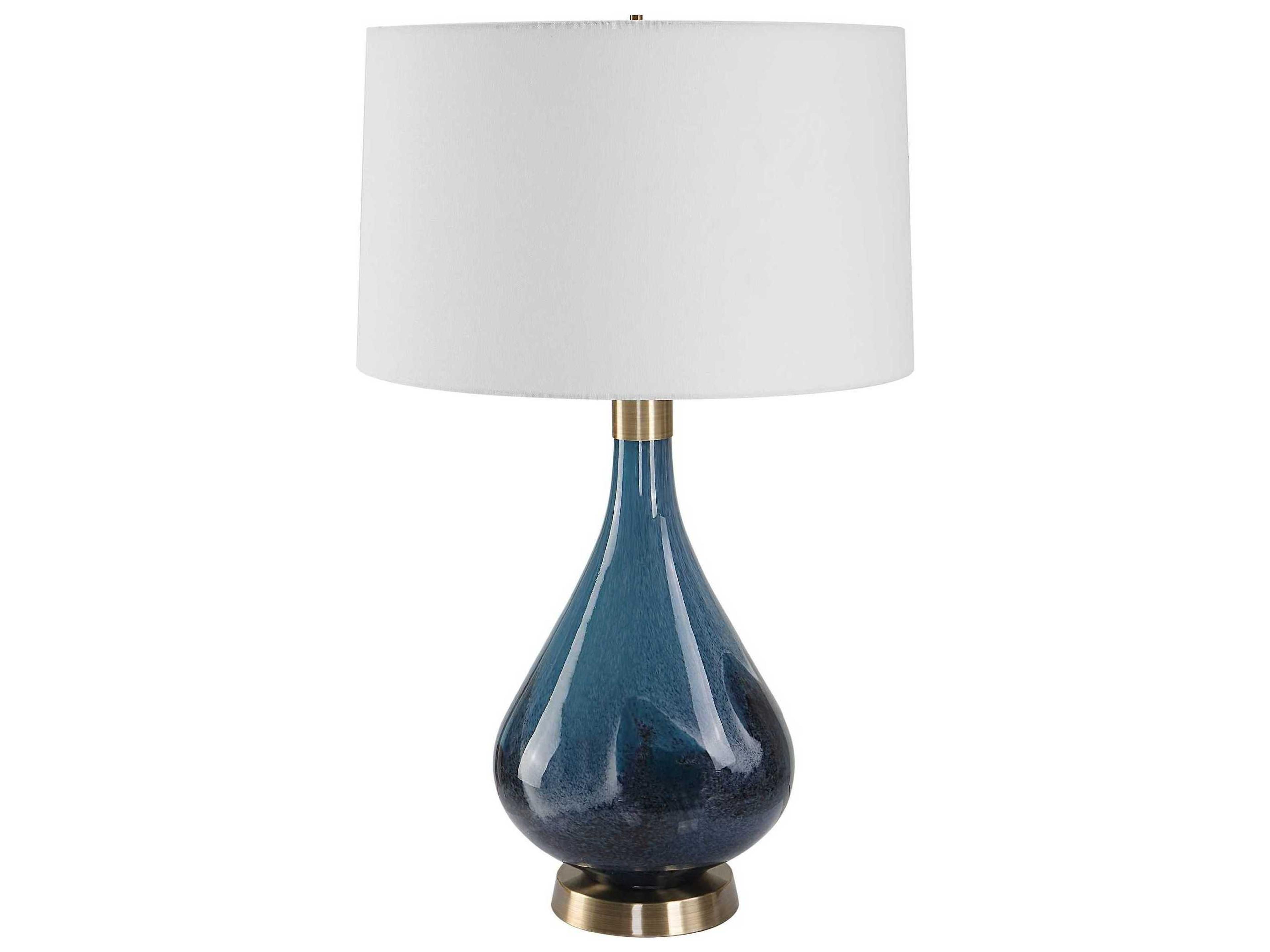 Uttermost Riviera Dark Navy Blue Antique Brass Round Hardback Shade Buffet Lamp