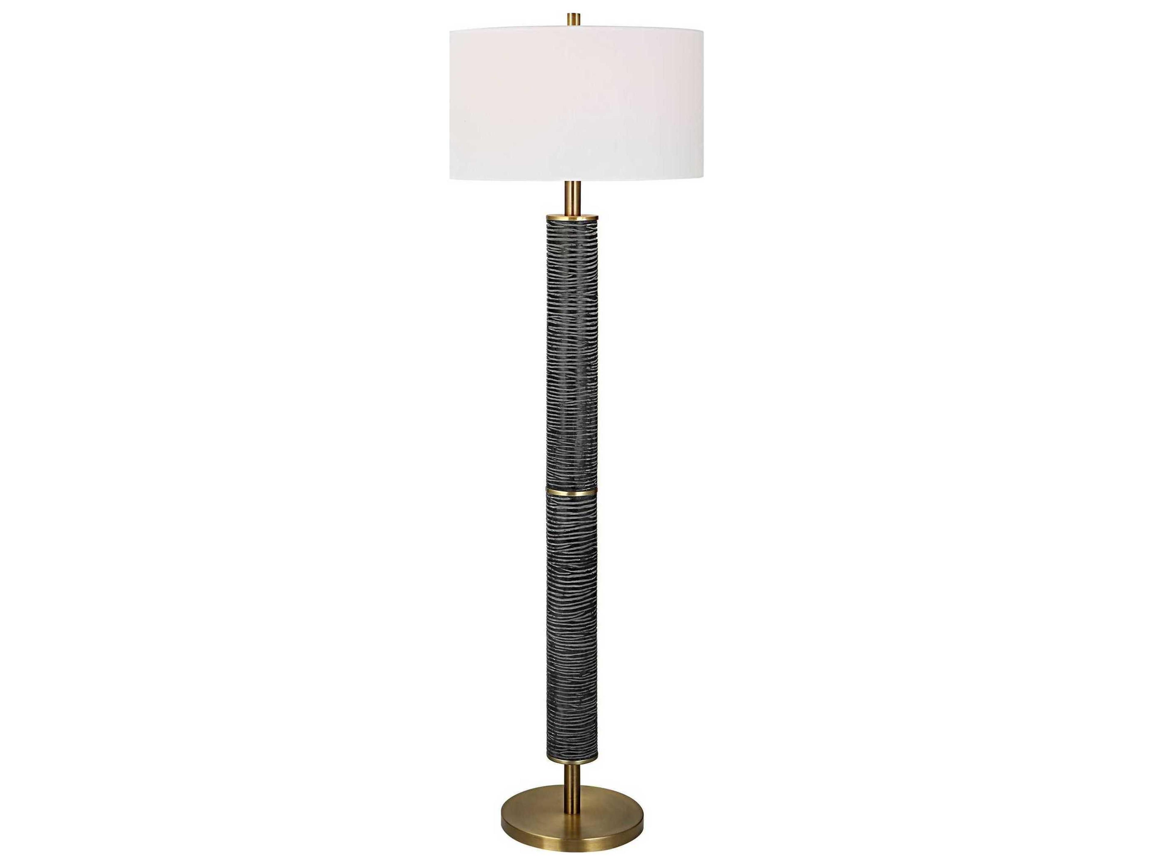 Uttermost Summit Rustic Gray Black Antique Brass Round Drum Hardback Shade Floor Lamp